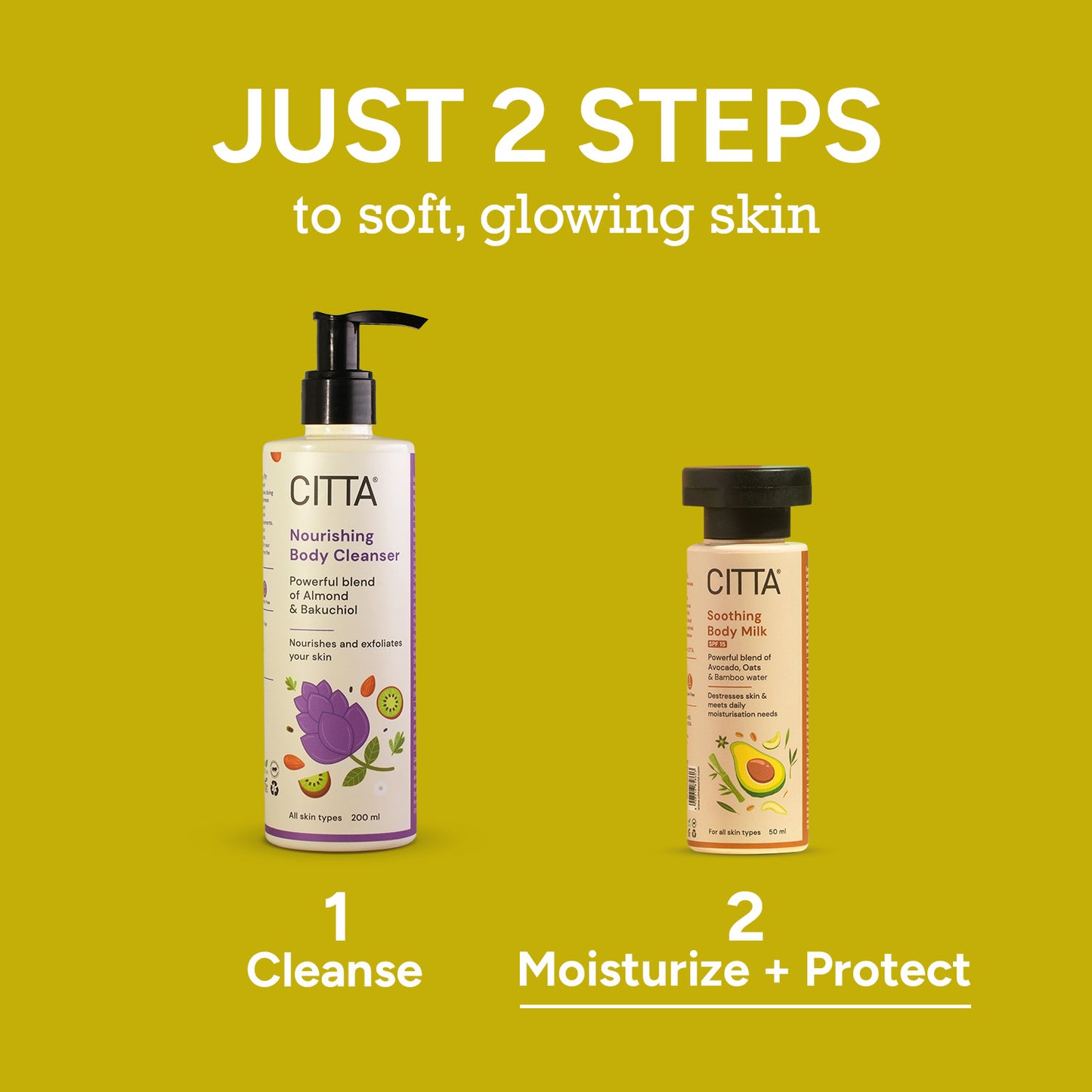 50ml $$** 2-step skincare with Nourishing Body Cleanser and Soothing Body Milk for moisturized glowing skin