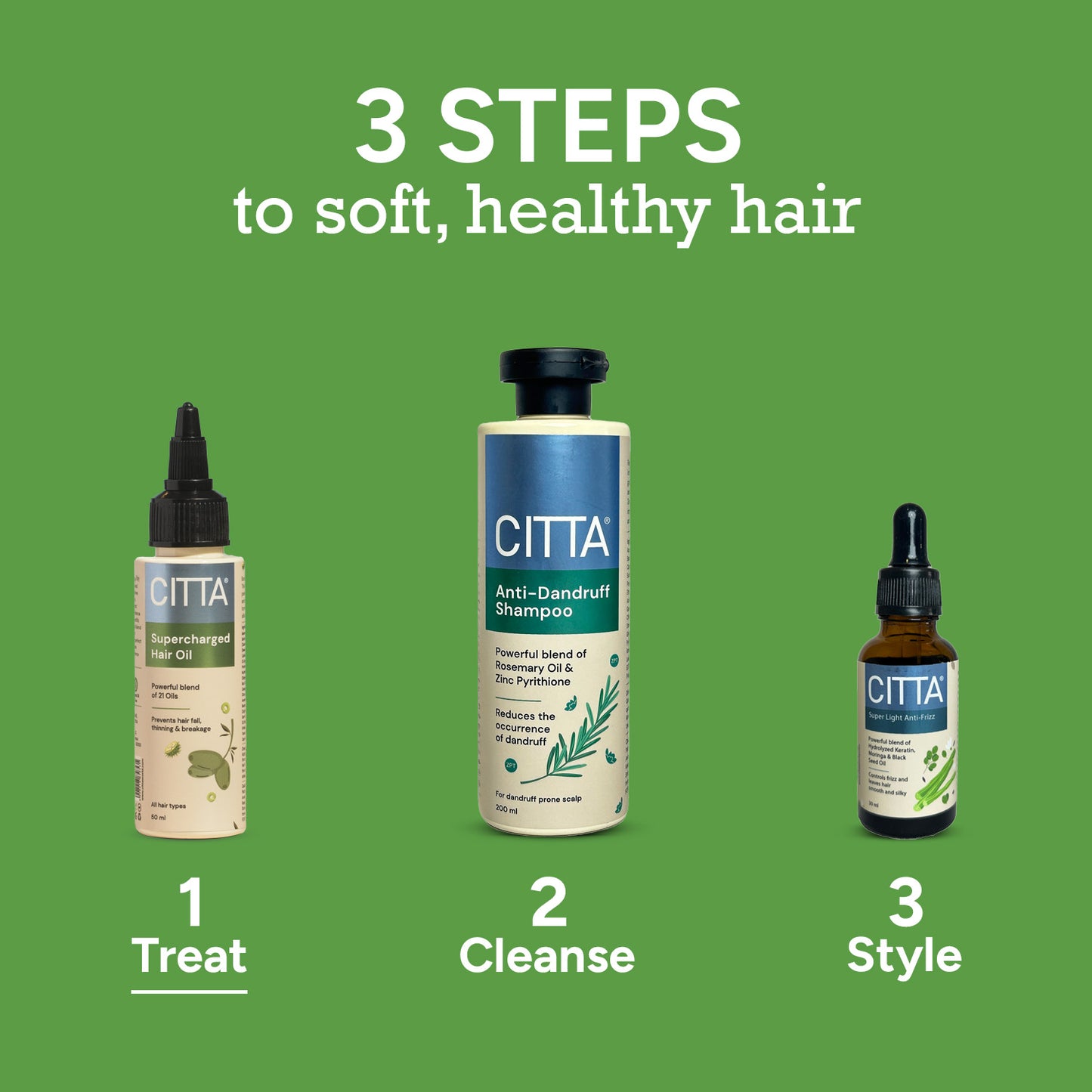 50 ml $$** 3 Steps to Soft, Healthy Hair – Treat with CITTA Supercharged Hair Oil, Cleanse with Anti-Dandruff Shampoo, Style with CITTA Super Light Anti-Frizz Hair Serum – Hair Growth & Hair Fall Control Routine