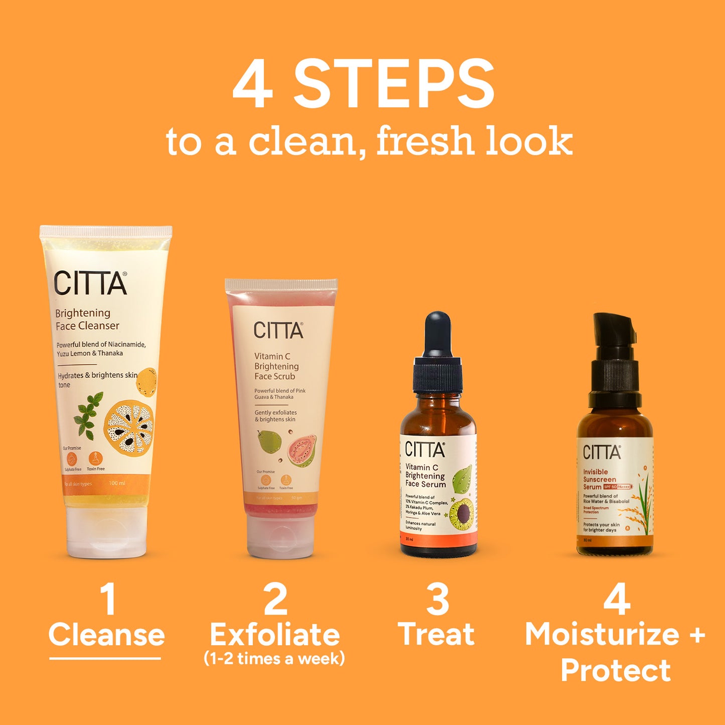 100ml $$** 4-step glow skincare routine with CITTA Vitamin C face cleanser, scrub, serum and sunscreen