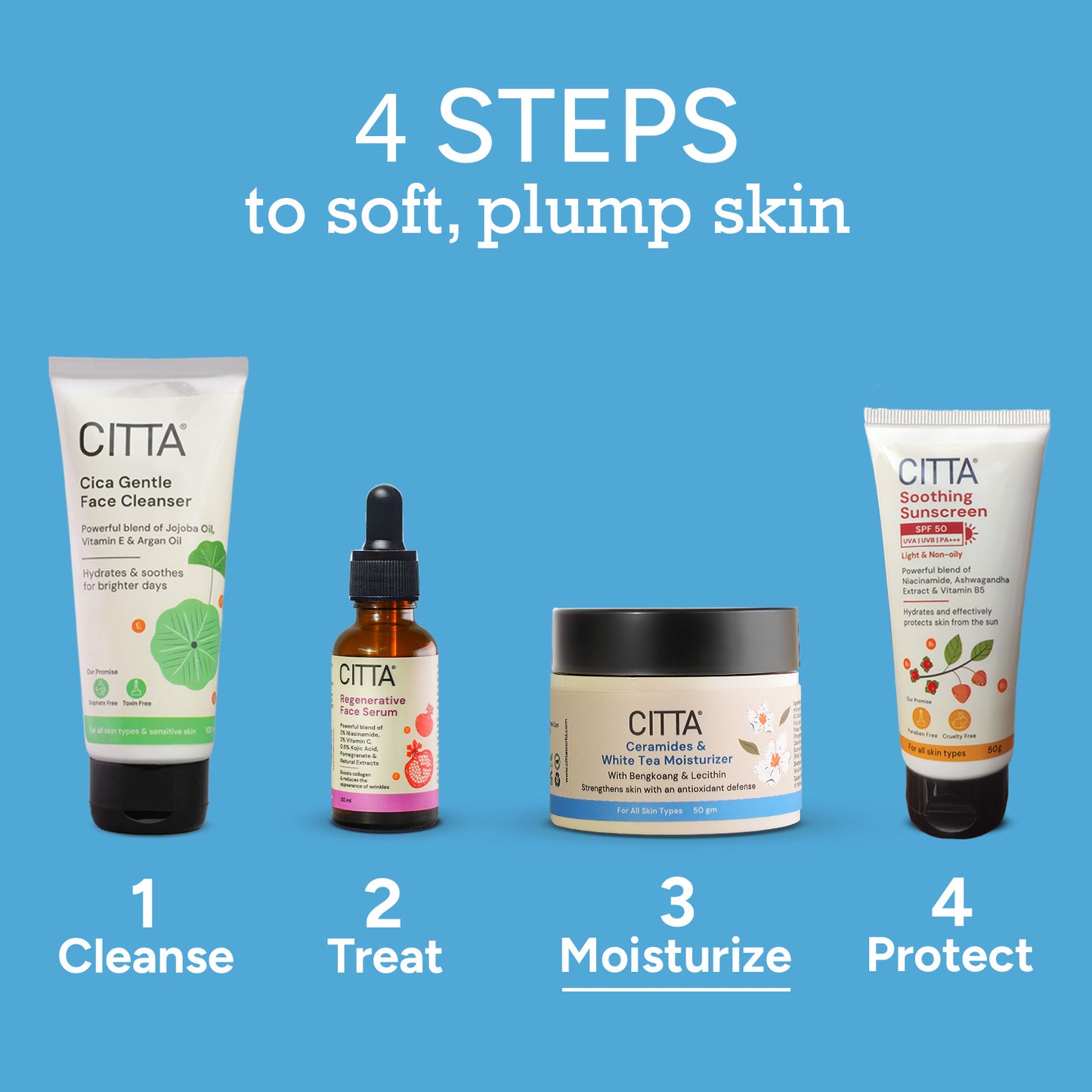 50gm $$** 4-step skincare routine with CITTA face cleanser, serum, ceramide moisturizer, and soothing sunscreen for plump skin