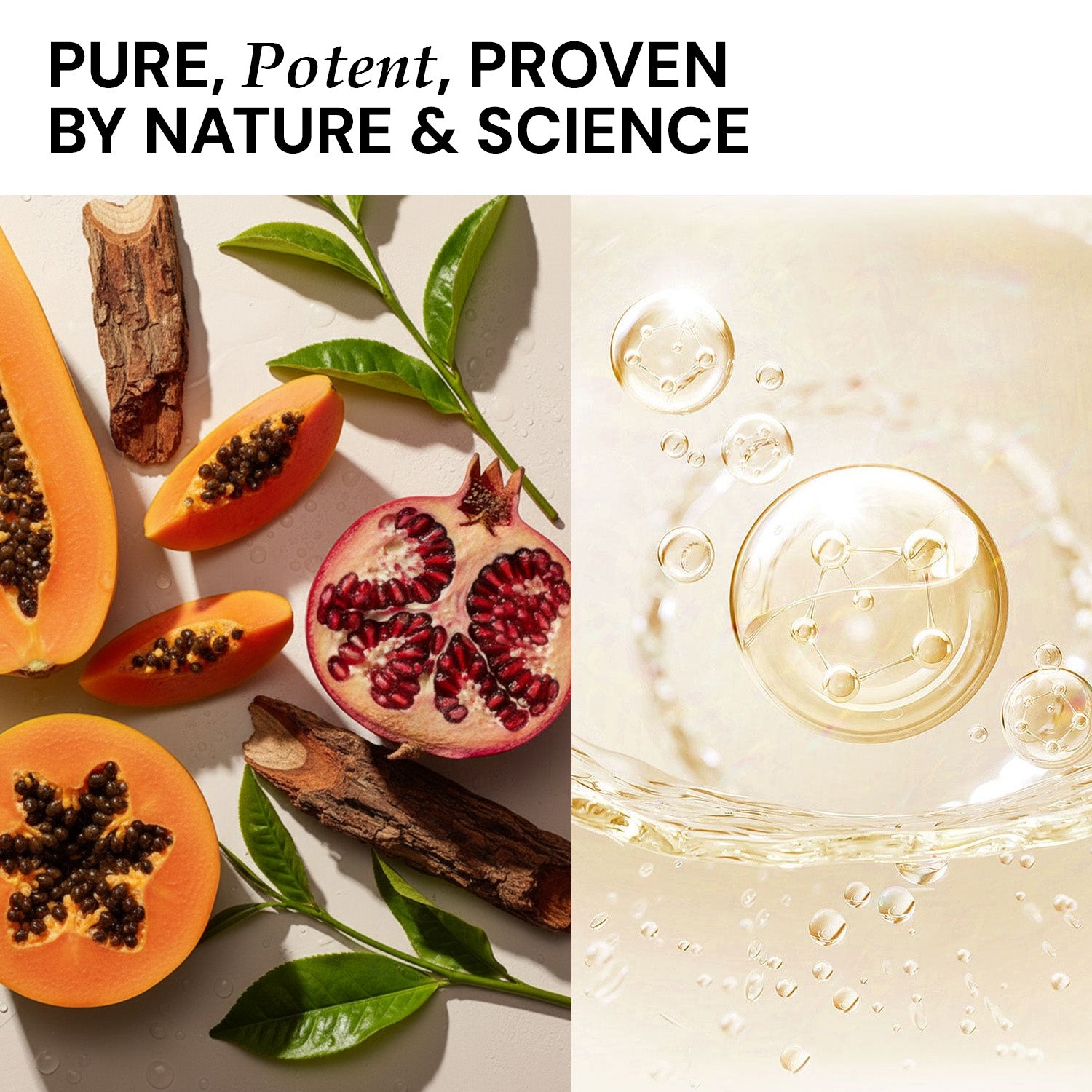 Split image with papaya, pomegranate, and leaves on one side and a close-up of a skincare product on the other, with text 'PURE, Potent, Proven by Nature & Science'.