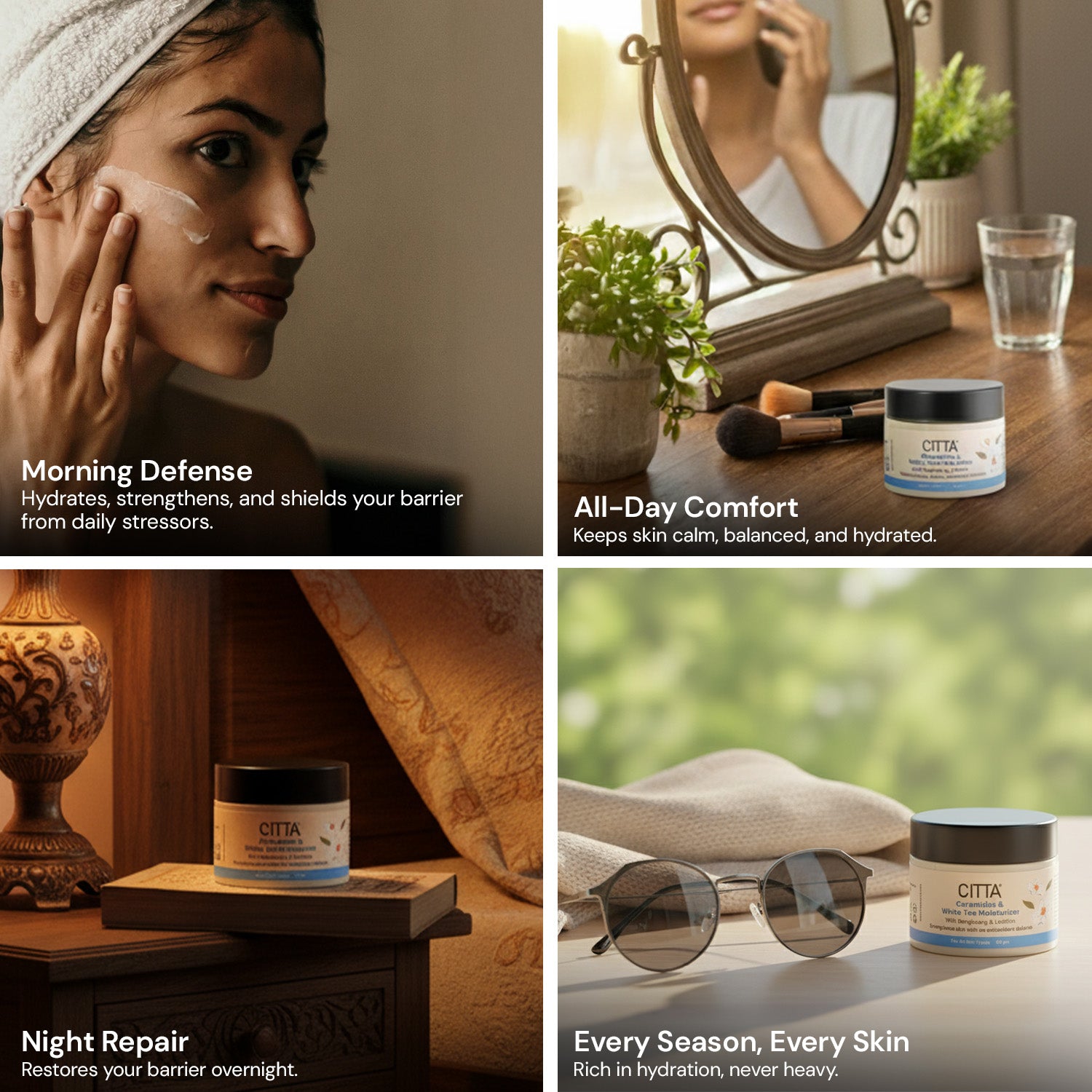 Collage of a woman applying cream, a table with CITTA Ceramides and white tea moisturizer and talking about the USPs of the product.