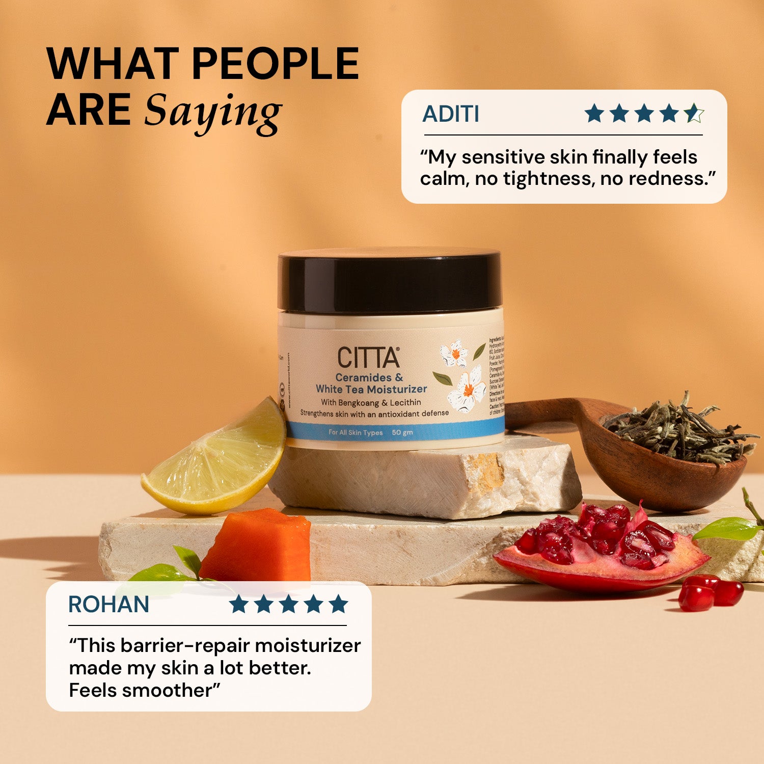 Citta ceramides and white tea moisturizer jar with customer reviews and natural ingredients on a wooden surface