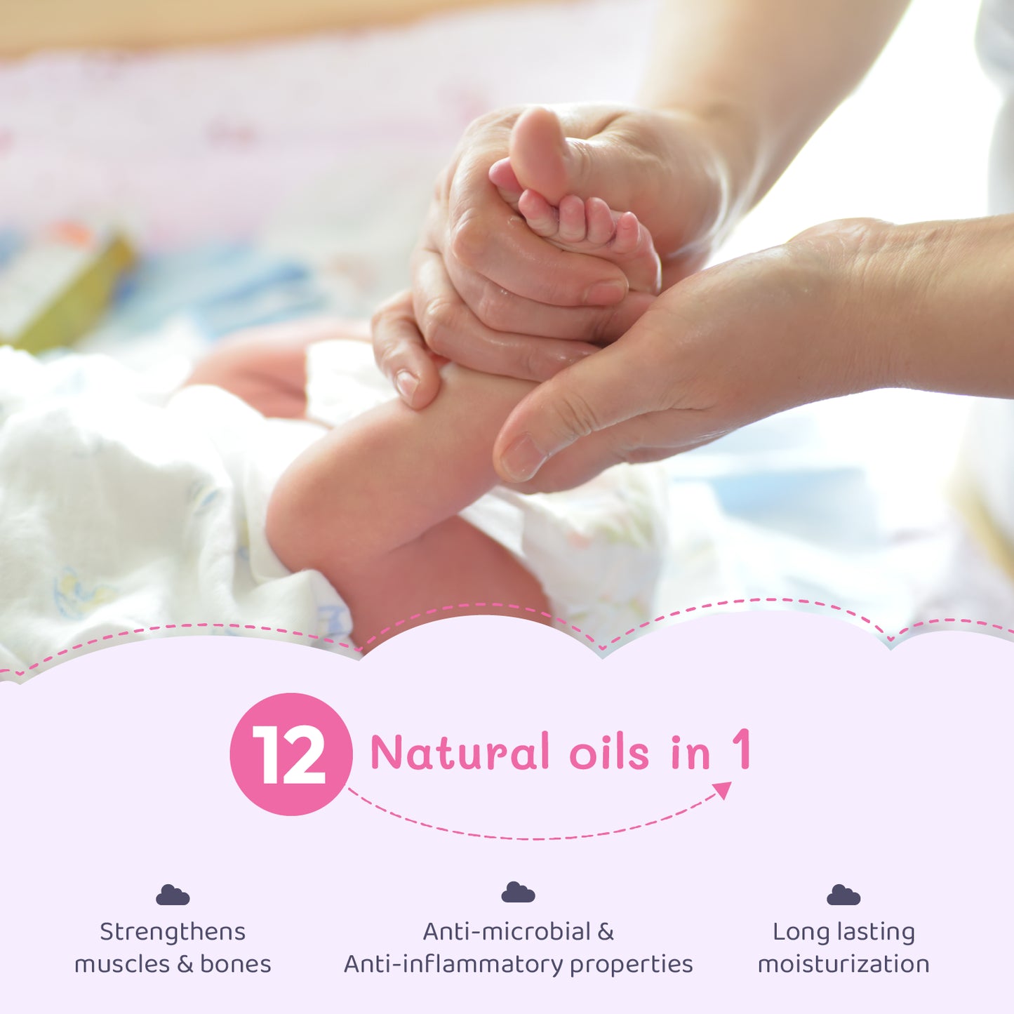 50ml $$** Baby massage oil with 12 natural oils – strengthens bones, moisturizes deeply, anti-inflammatory
