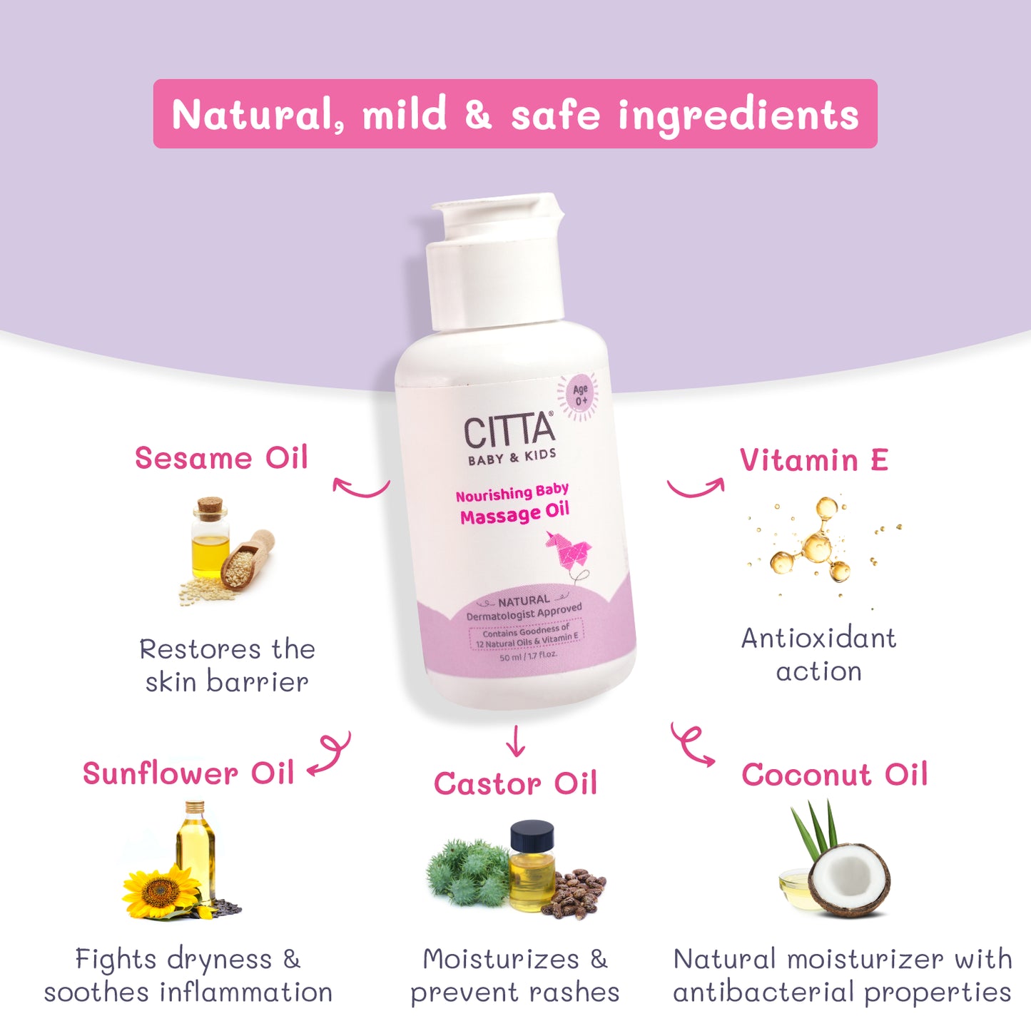 50ml $$** Baby massage oil with sesame, sunflower, coconut, castor oil & vitamin E – safe and natural for babies
