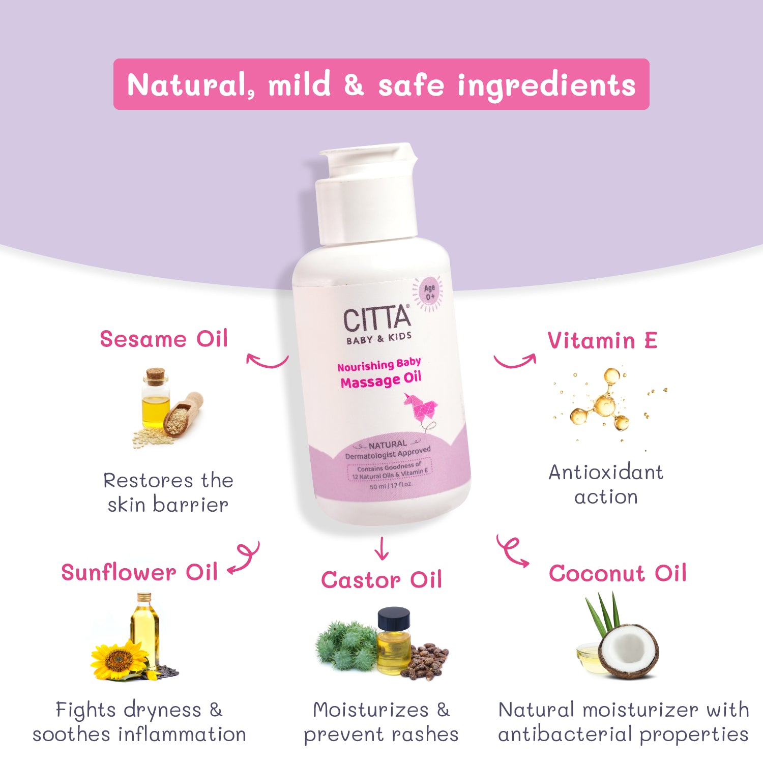 Baby massage oil with sesame, sunflower, coconut, castor oil & vitamin E – safe and natural for babies