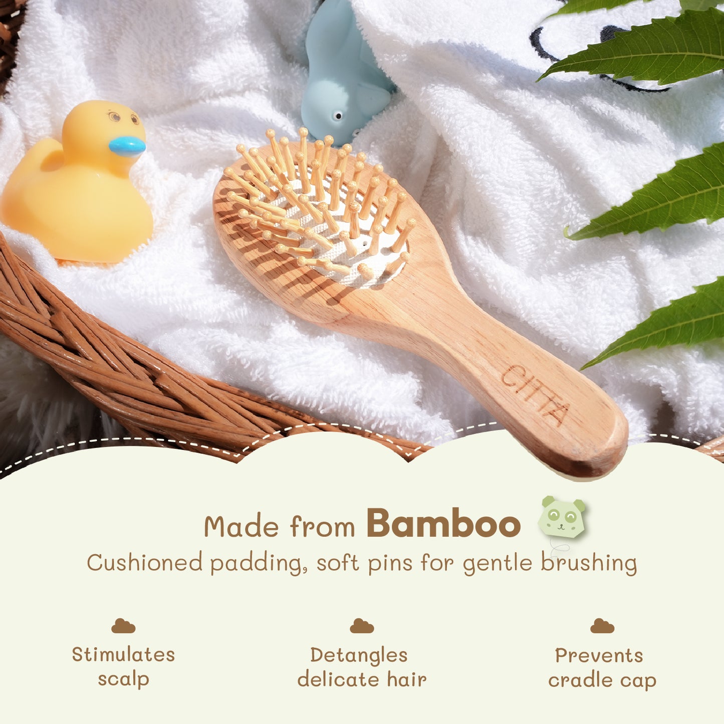 $$** CITTA Baby Hair Brush made from bamboo– eco-friendly brush with soft pins for detangling, cradle cap prevention, and scalp stimulation