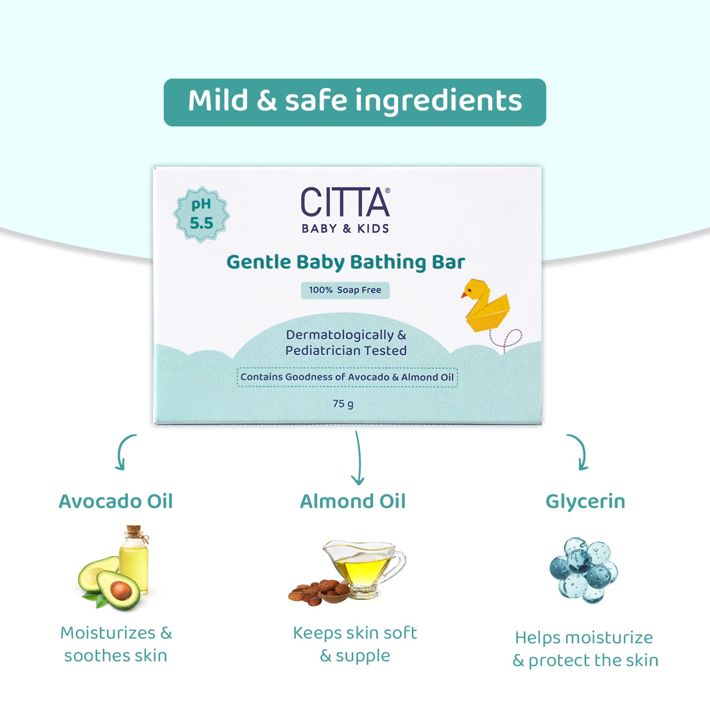 Pack of 1 $$** CITTA Baby Bathing Bar with avocado oil, almond oil, and glycerin – Moisturizes, soothes, and keeps baby skin soft and supple