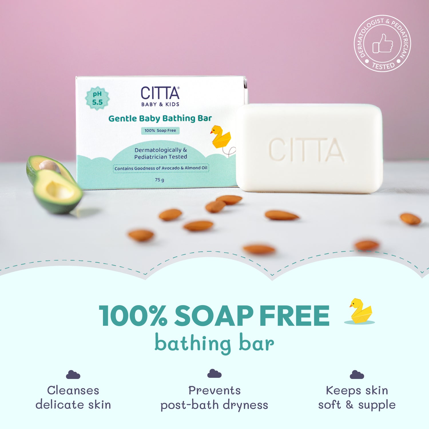 100% Soap Free - Bathing Bar - CITTA Gentle Baby Bathing Bar – 100% soap-free baby soap with pH 5.5, avocado and almond oil, cleanses and prevents dryness