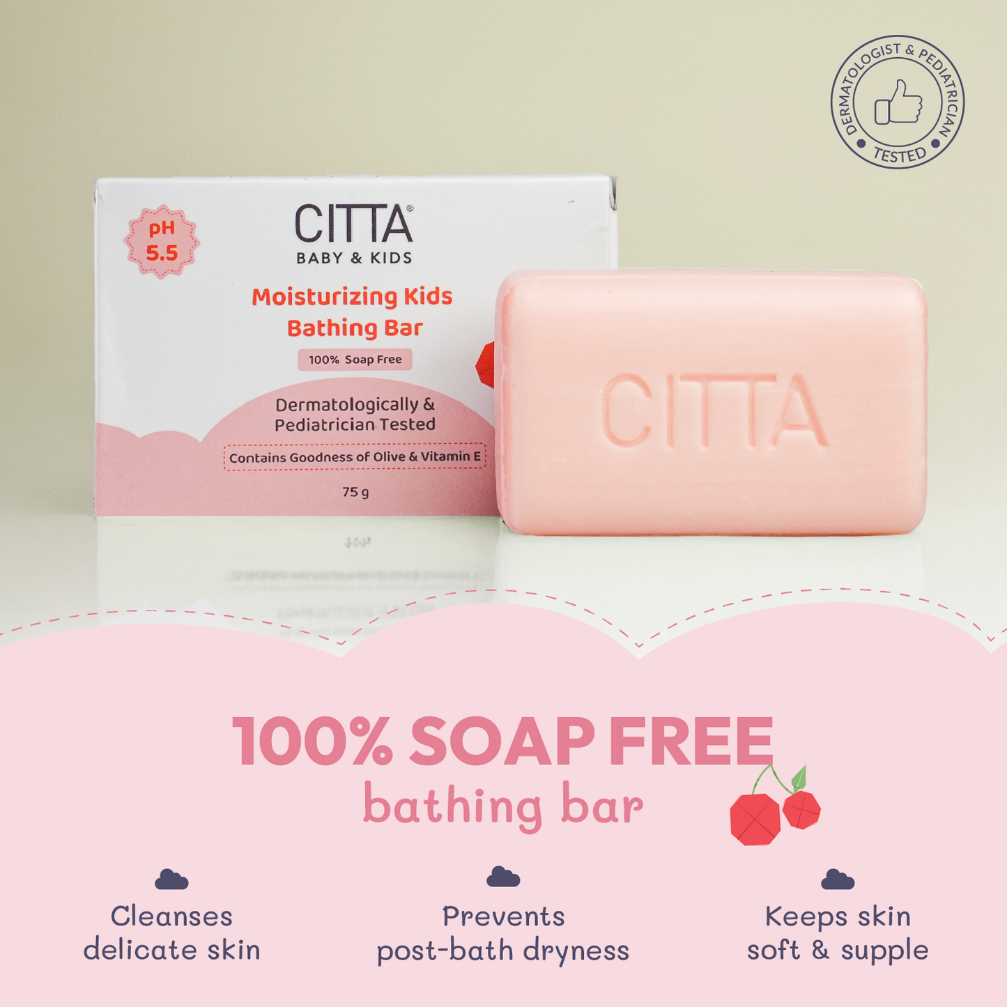 Pack of 1 $$** CITTA Moisturizing Kids Bathing Bar – 100% soap-free kids soap with olive oil and vitamin E, pH 5.5, gentle and dermatologist-tested