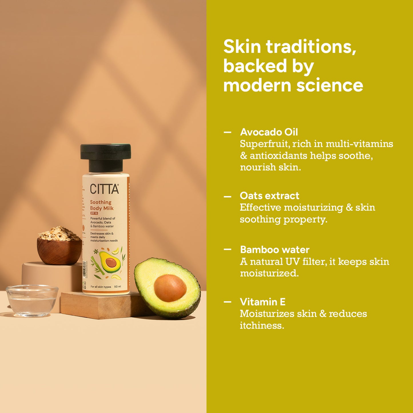 50ml $$** Soothing Body Milk with Avocado Oil, Oats Extract, Bamboo Water, and Vitamin E for daily hydration