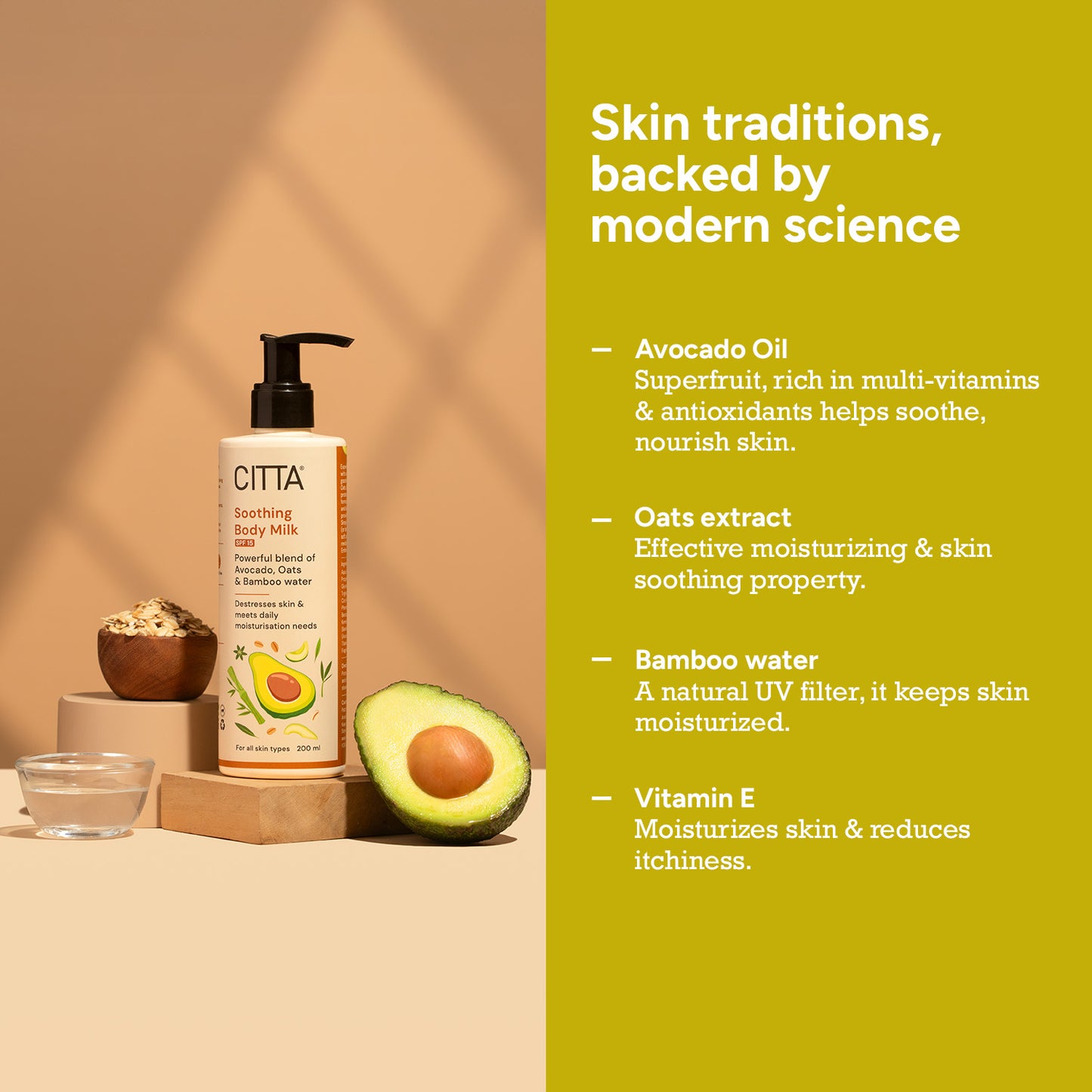 200ml $$** Soothing Body Milk with Avocado Oil, Oats Extract, Bamboo Water, and Vitamin E for daily hydration