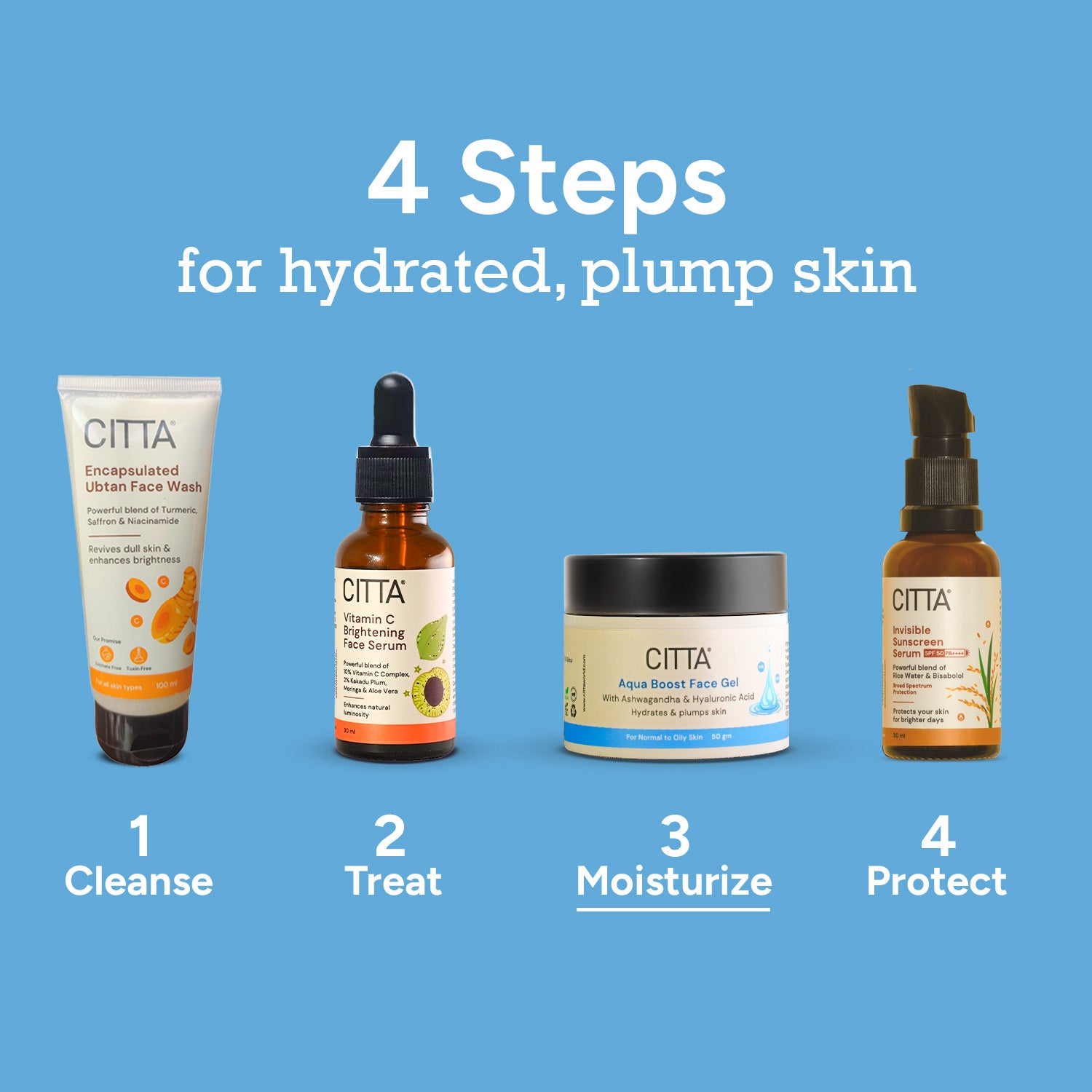 CITTA face care routine with ubtan face wash, vitamin C serum, aqua boost gel moisturizer and sunscreen