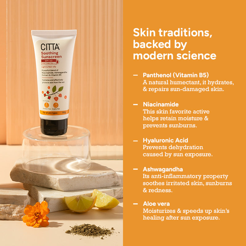 50gm $$** CITTA sunscreen SPF 50 PA+++ with Panthenol, Niacinamide, Ashwagandha, and Hyaluronic Acid – sunscreen for dry skin SPF 50