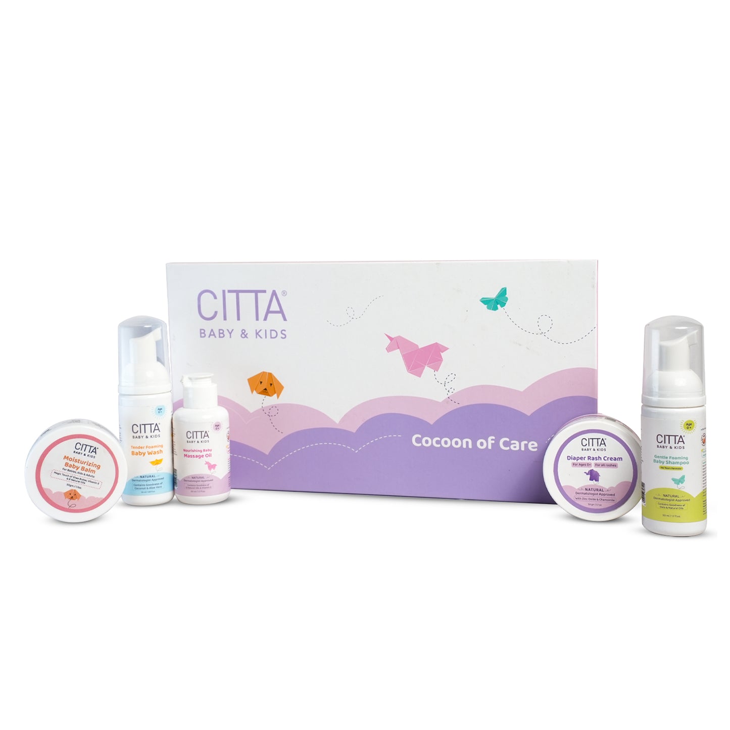 $$** Cocoon of Care gift combo – baby balm, massage oil, baby wash, baby shampoo, and diaper rash cream
