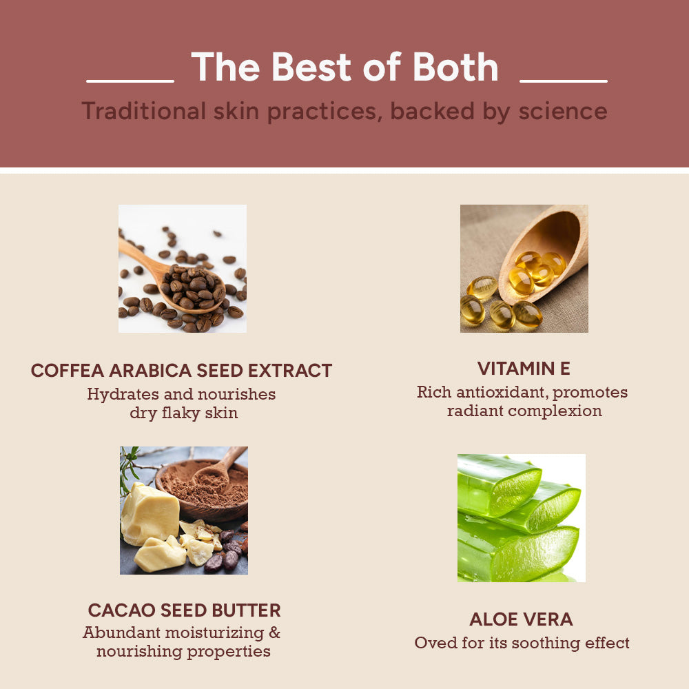 Coffee body scrub with Coffea Arabica, Vitamin E, Cacao Butter, and Aloe Vera for nourishing exfoliation and hydration