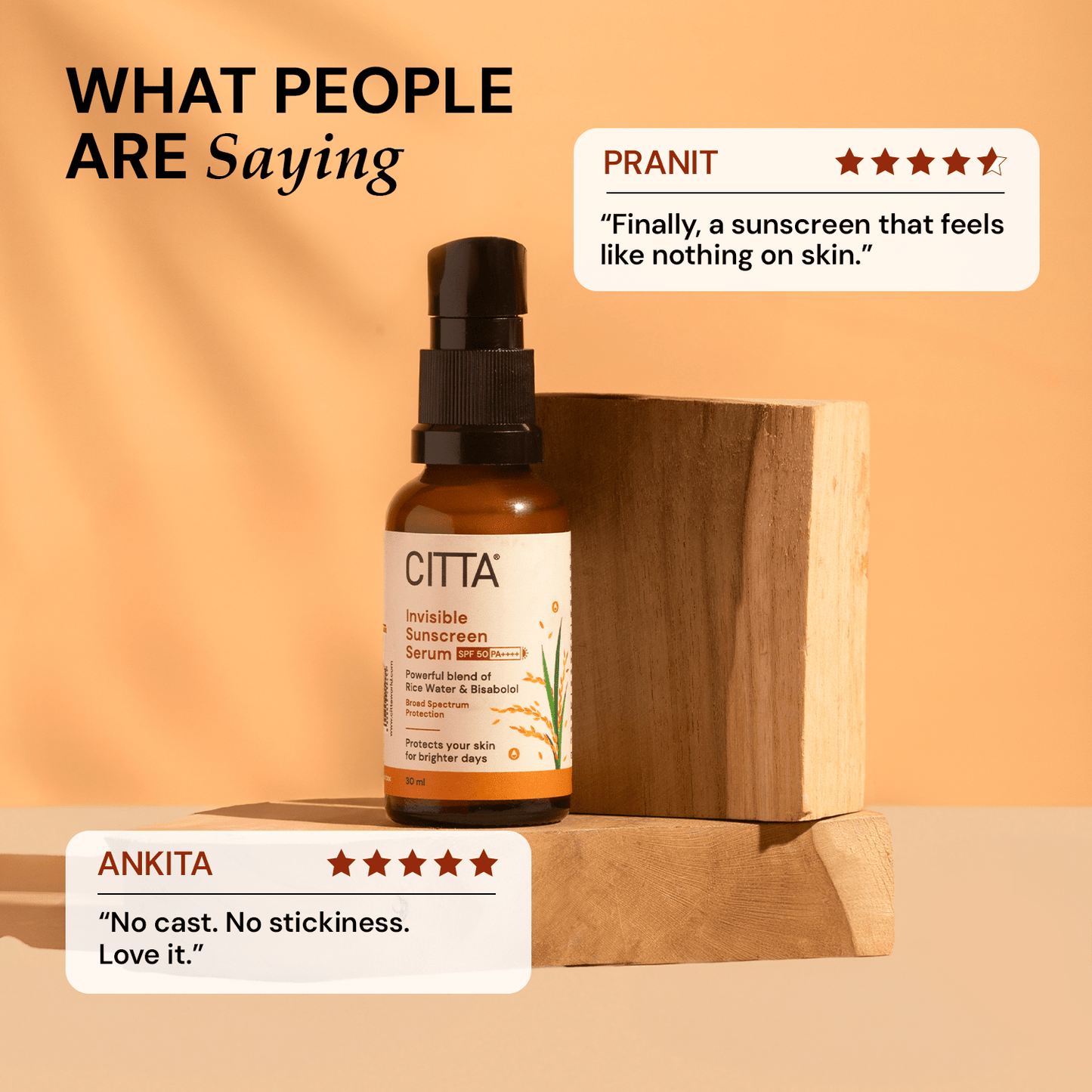 30ml $$** Customer reviews praising CITTA invisible sunscreen serum for no cast and non-sticky feel