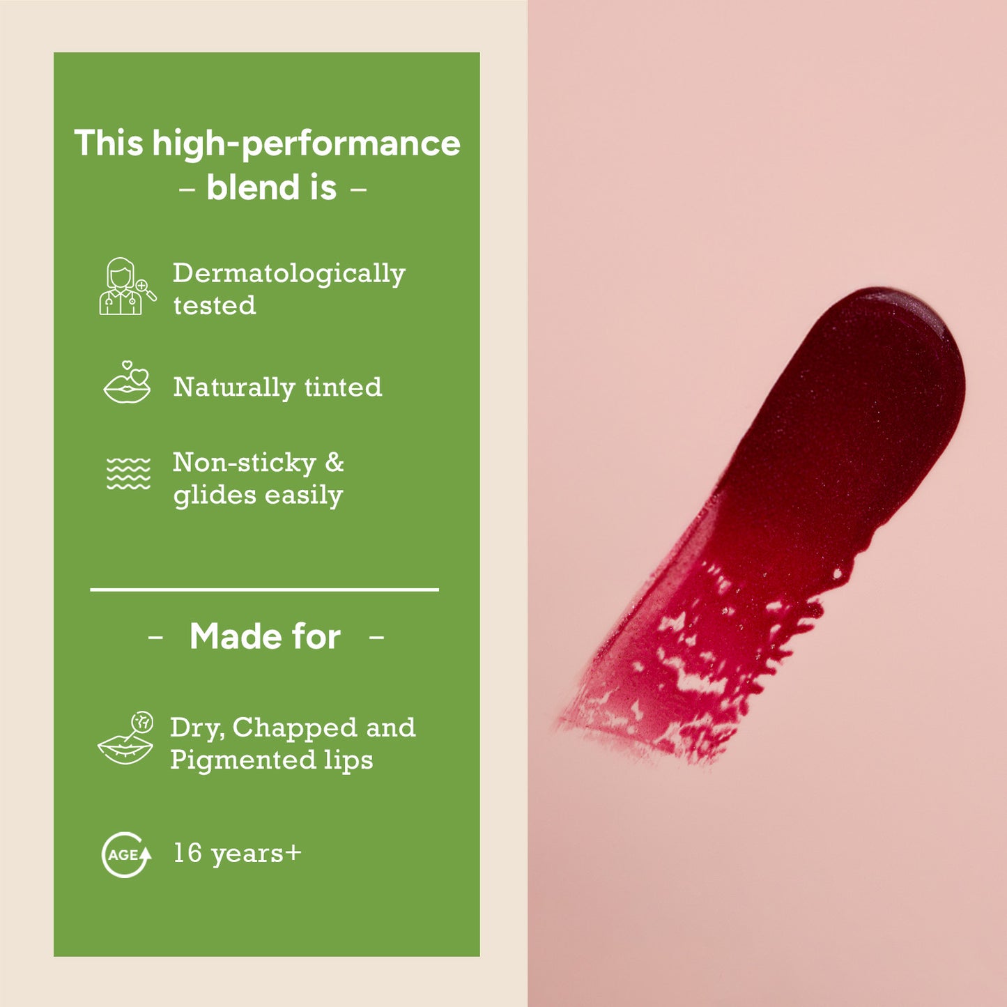 5gm $$** Dermatologically tested beetroot lip balm – non-sticky, naturally tinted, for dry and pigmented lips