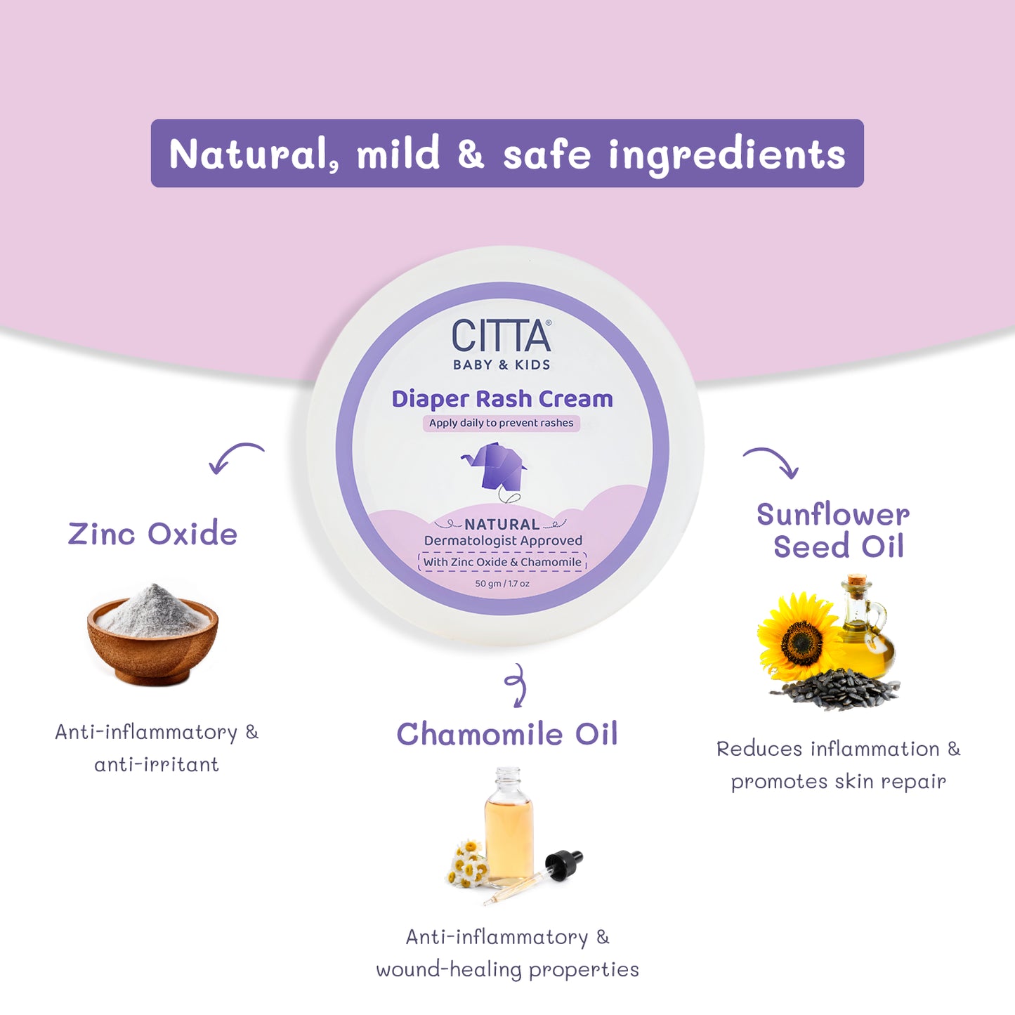 50gm $$** Diaper rash cream with zinc oxide, chamomile, sunflower seed oil – heals, soothes, and protects baby skin
