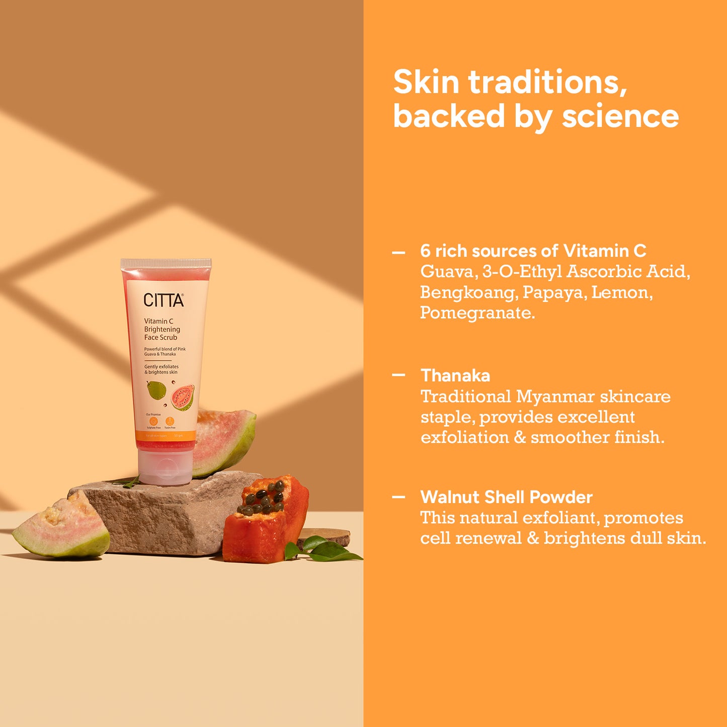 50gm $$** Face Scrub with 6 Vitamin C Sources, Thanaka & Walnut Shell Powder – Deep Cleanse & Natural Glow