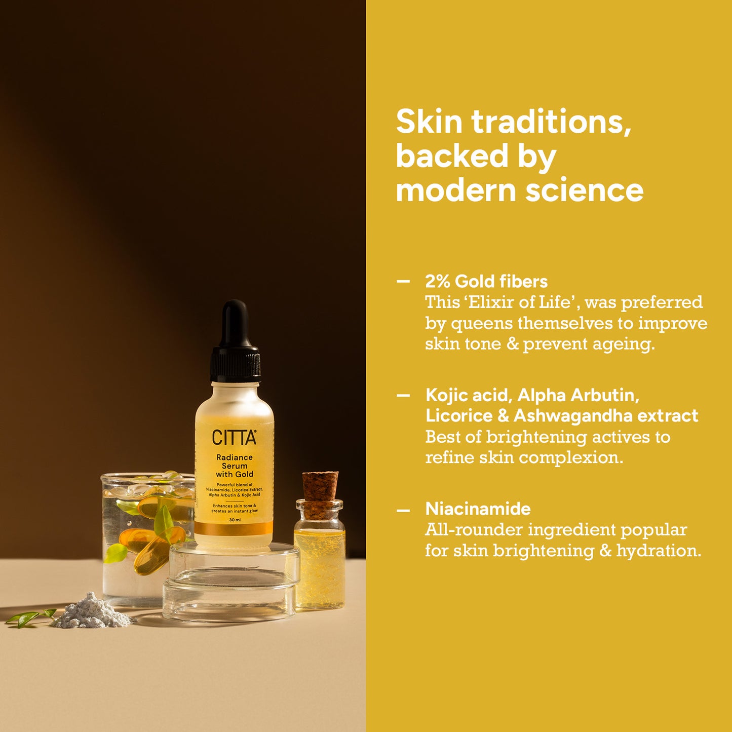 30ml $$** 24 Karat Gold Serum with Niacinamide, Kojic Acid, Alpha Arbutin, Licorice & Ashwagandha – Brightening and Anti-Ageing Face Serum