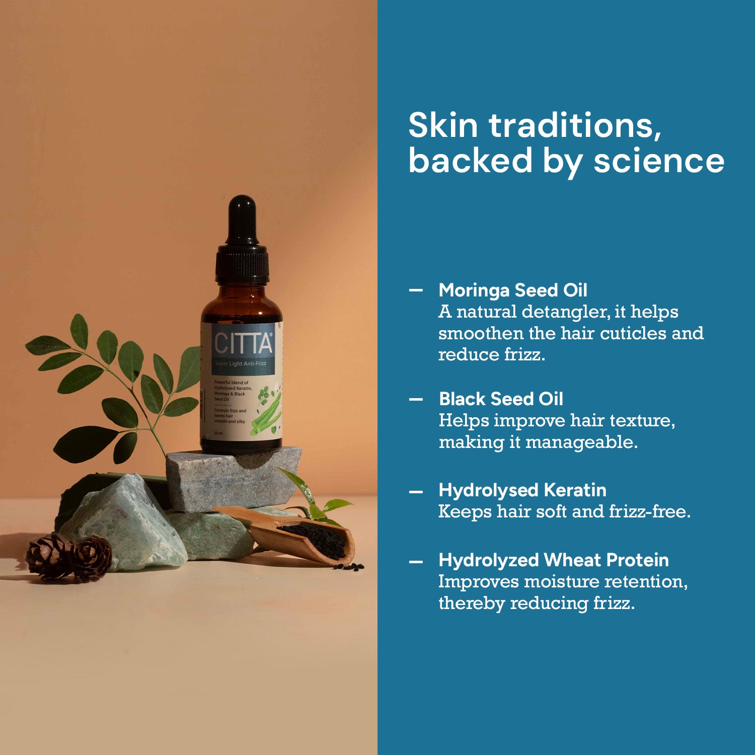 Anti Frizz Hair serum with moringa seed oil, black seed oil, hydrolyzed keratin and wheat protein