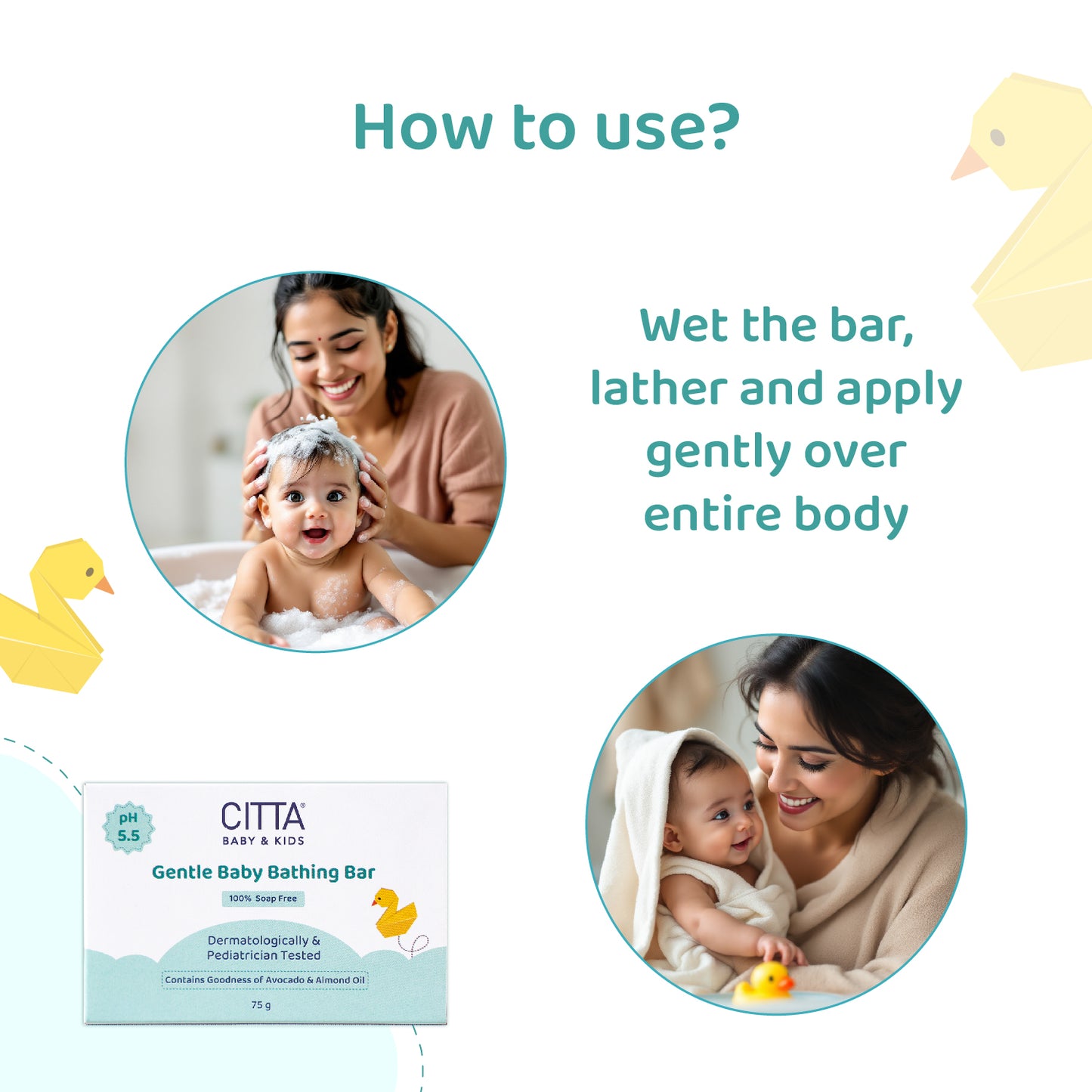 Pack of 1 $$** How to use CITTA Gentle Baby Bathing Bar – Lather gently over baby’s body, 100% soap-free with pH 5.5