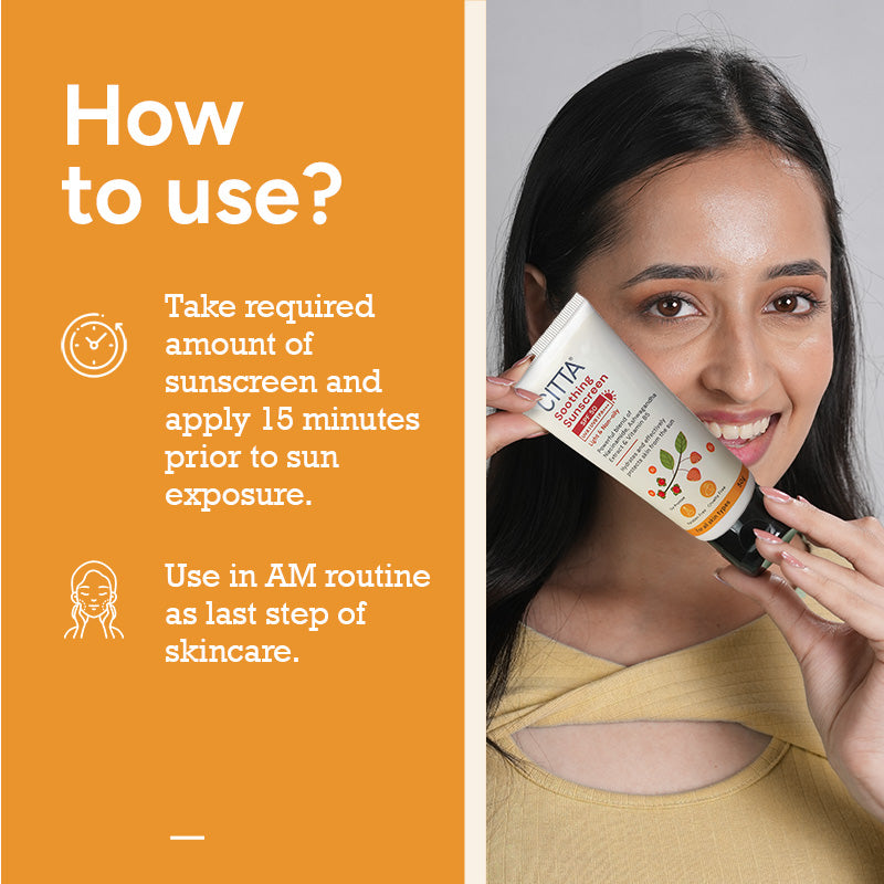50gm $$** How to use CITTA Soothing Sunscreen SPF 50 PA+++ – apply 15 minutes before sun exposure for effective protection