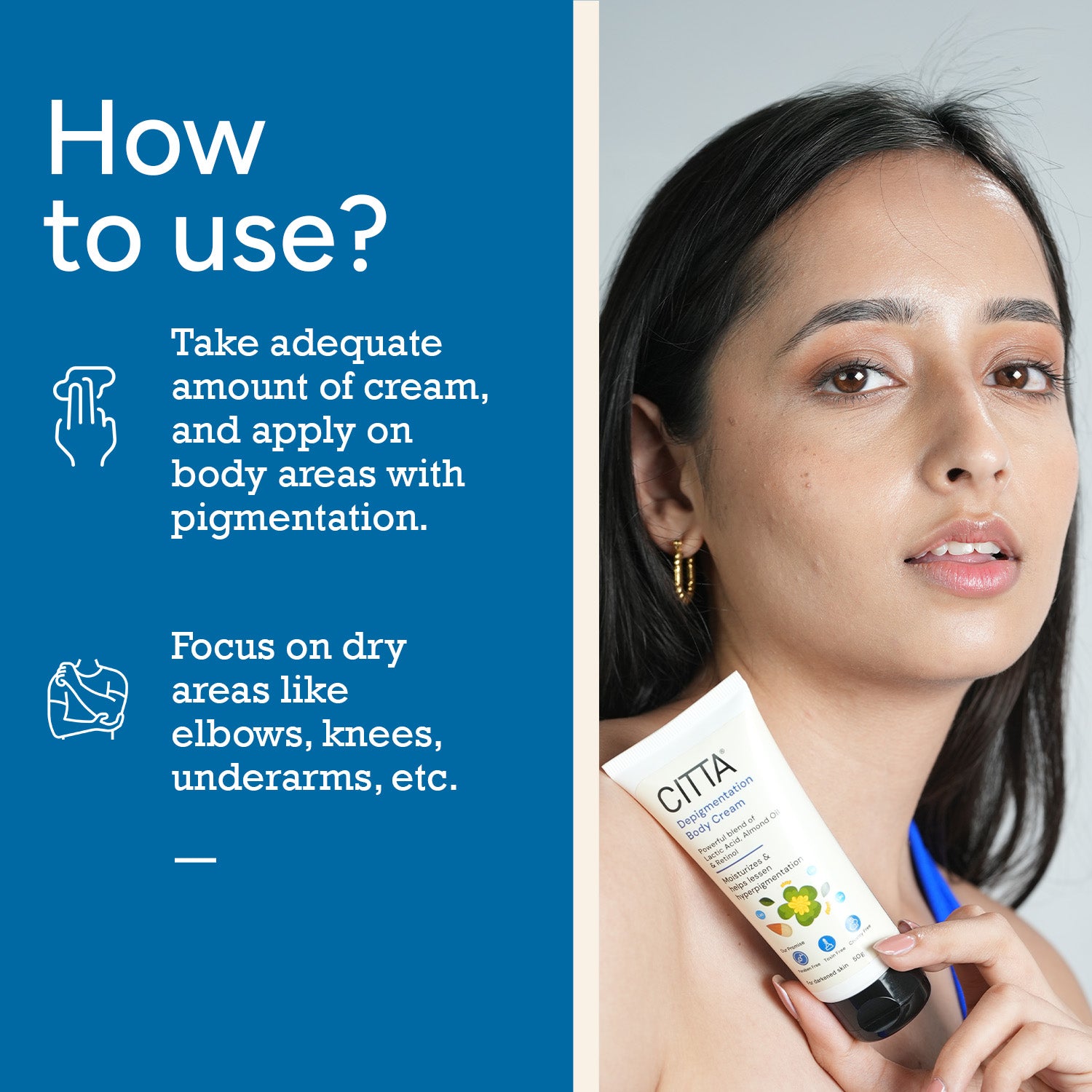 How to apply depigmentation body cream – moisturizer for pigmentation and dark spots on dry body areas