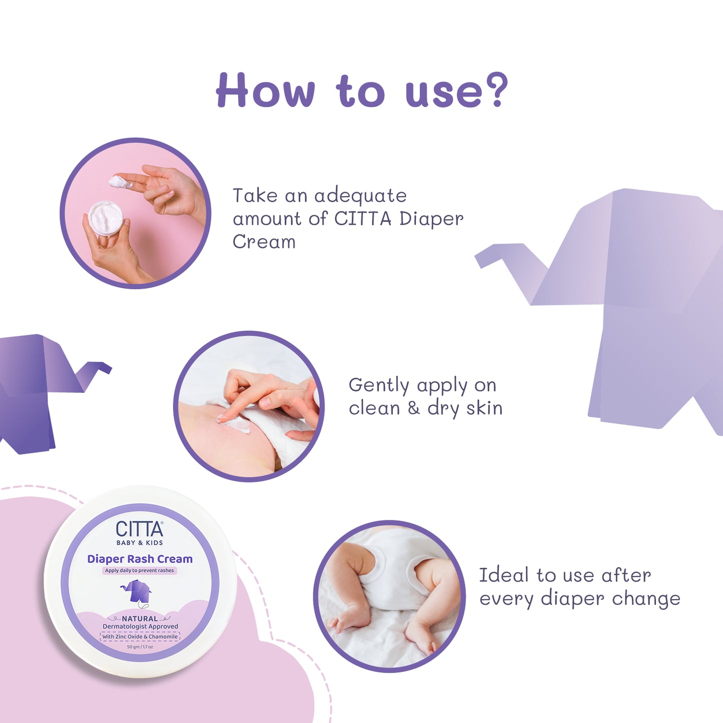 50gm $$** How to use CITTA diaper rash cream – apply after every diaper change for rash prevention
