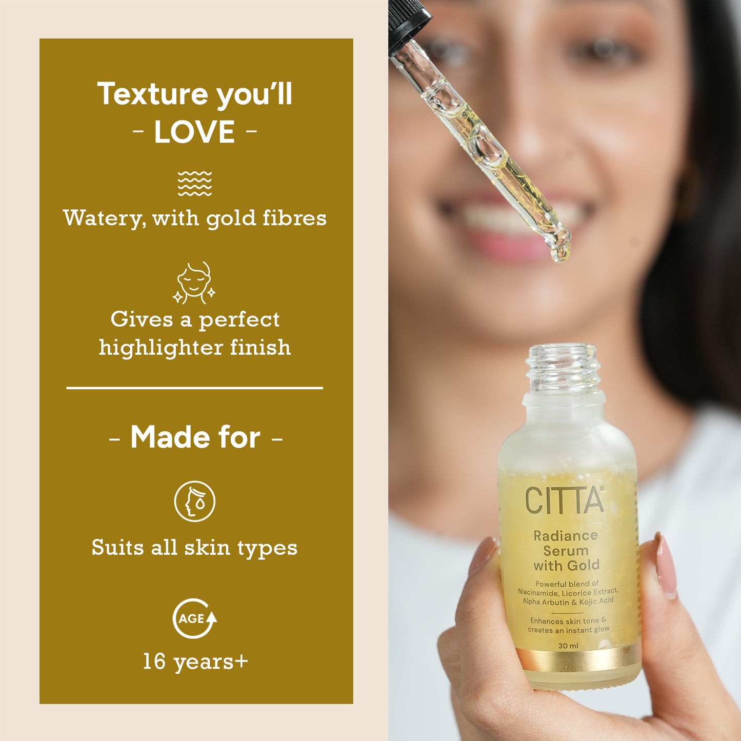 30ml $$** Gold Serum for Face with Lightweight Watery Texture & Gold Fibers – Niacinamide and Alpha Arbutin Serum for Radiant Glow
