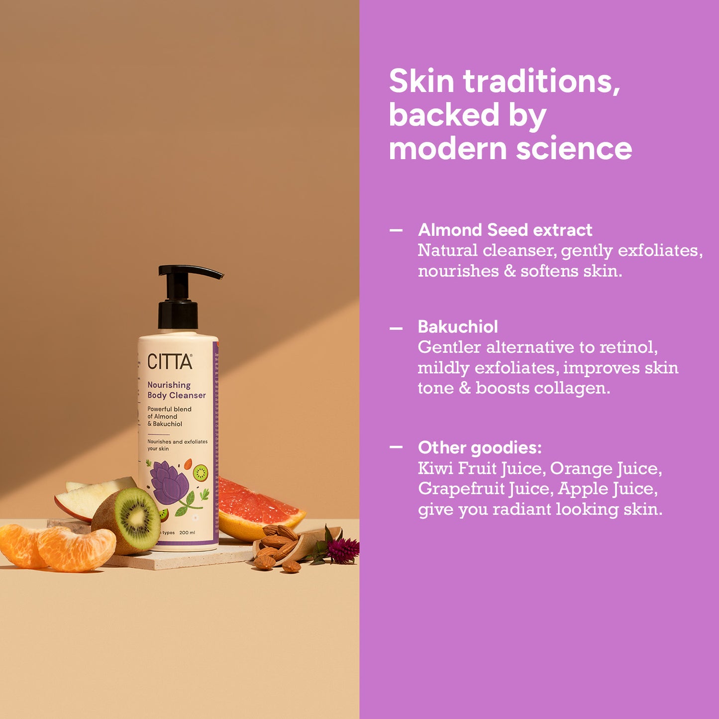 200ml $$** Natural Body Cleanser Gel with Almond, Bakuchiol and Fruit Extracts for Radiant Skin