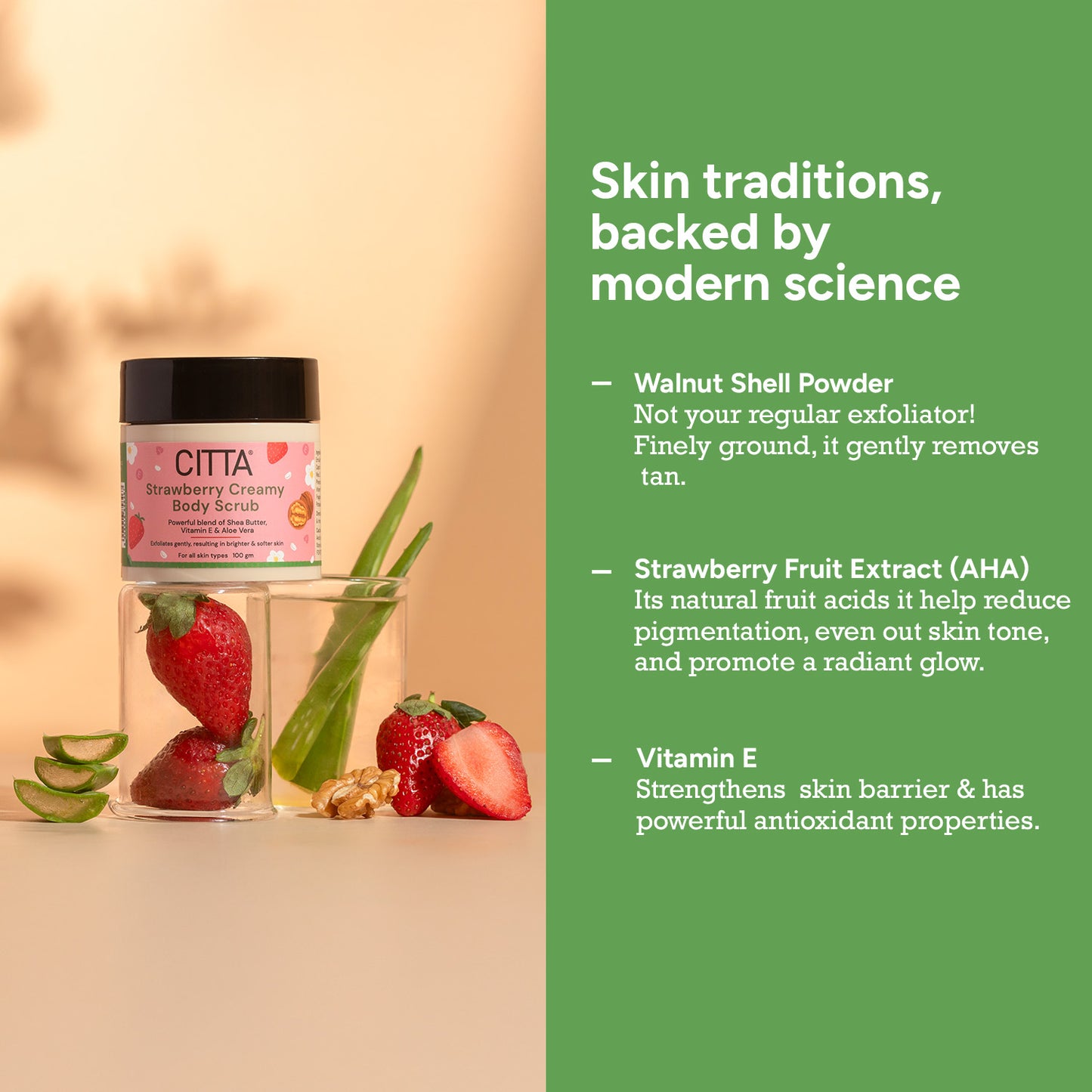 100gm $$** Natural Scrub with Strawberry Extract, Walnut Shell Powder and Vitamin E for Radiant Skin