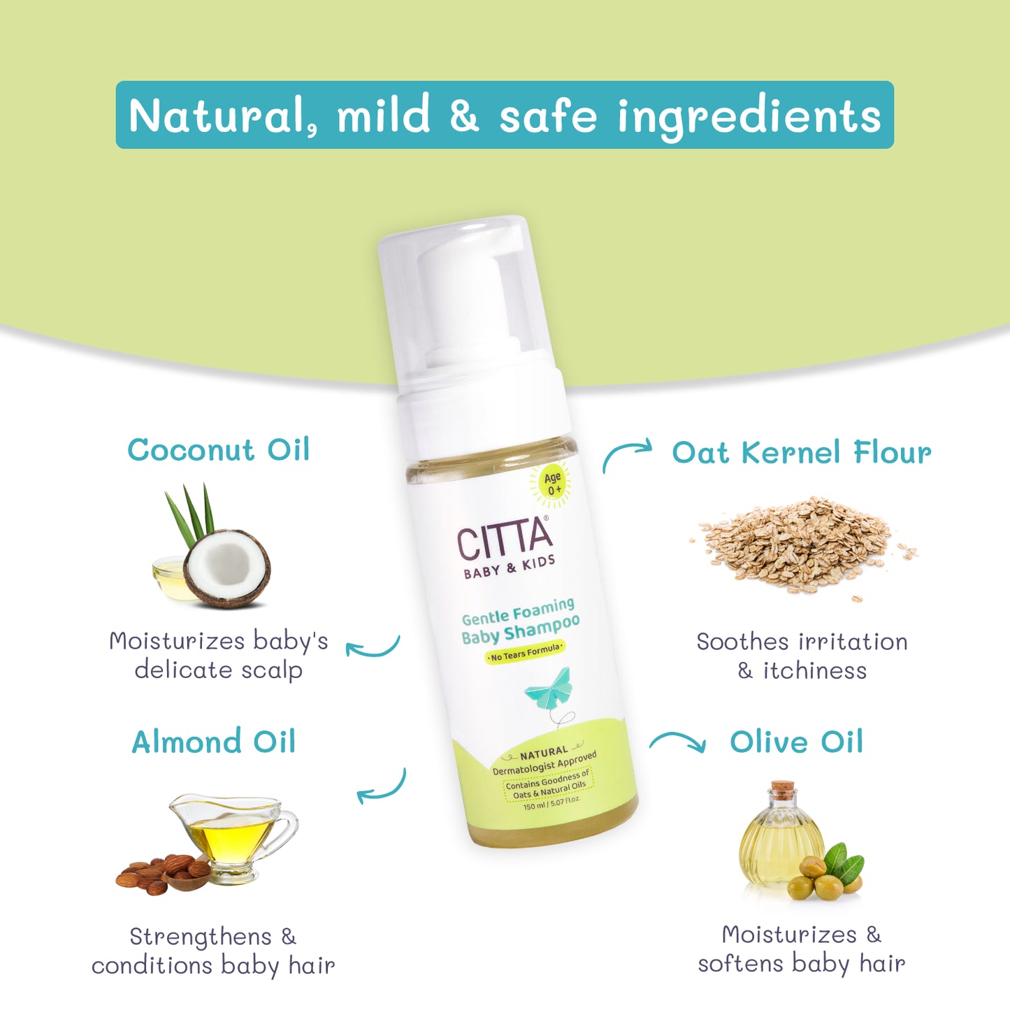 150ml $$** Natural baby shampoo with coconut oil, oat kernel flour, almond and olive oil – safe for newborns