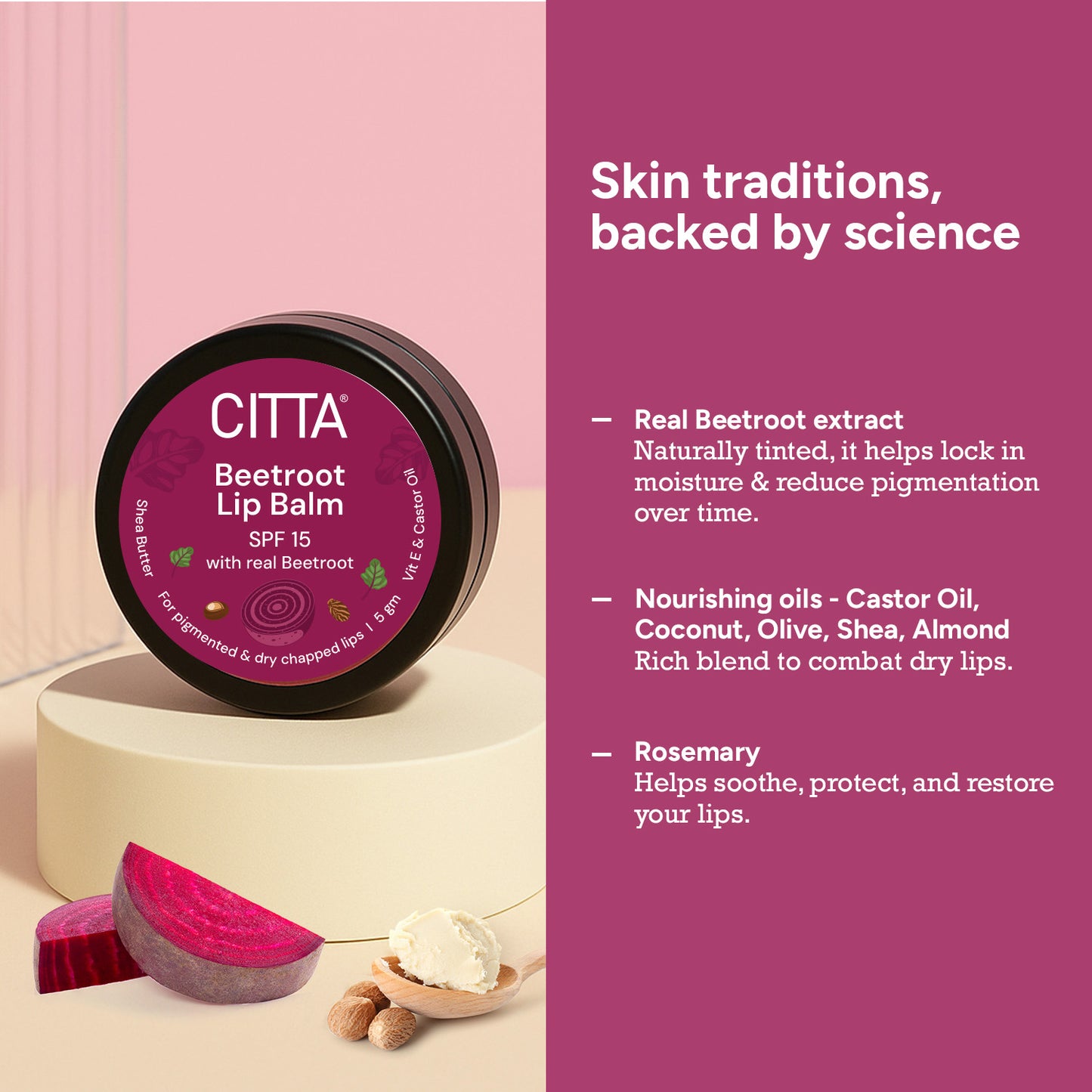 5gm $$** Natural beetroot lip balm with shea butter, castor oil, coconut oil, and rosemary – moisturizes and reduces pigmentation