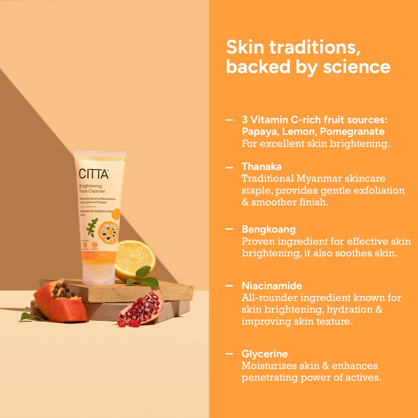 100ml $$** Natural face cleanser with Niacinamide, Papaya, Lemon, Pomegranate & Thanaka for skin brightening and hydration