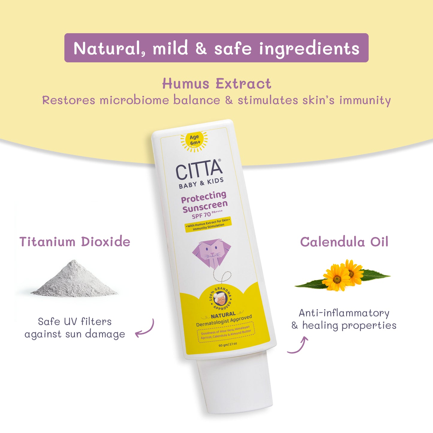 60gm $$** Natural sunscreen for babies with humus extract, titanium dioxide & calendula oil – CITTA SPF 70 baby sunscreen ingredients