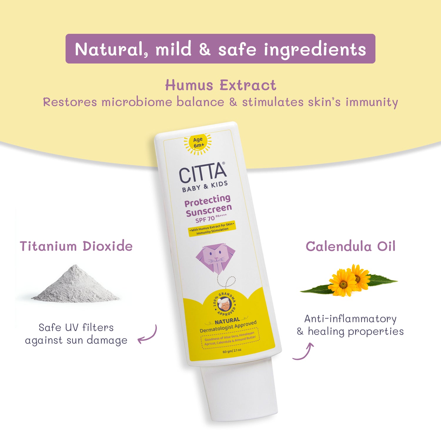 Natural sunscreen for babies with humus extract, titanium dioxide & calendula oil – CITTA SPF 70 baby sunscreen ingredients