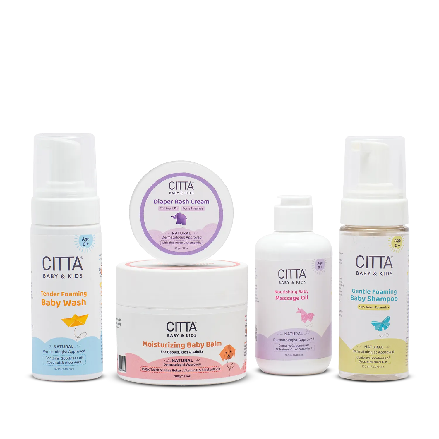 Newborn Baby Care Combo Set – includes baby shampoo, foaming wash, massage oil, moisturizing balm and diaper rash cream for babies