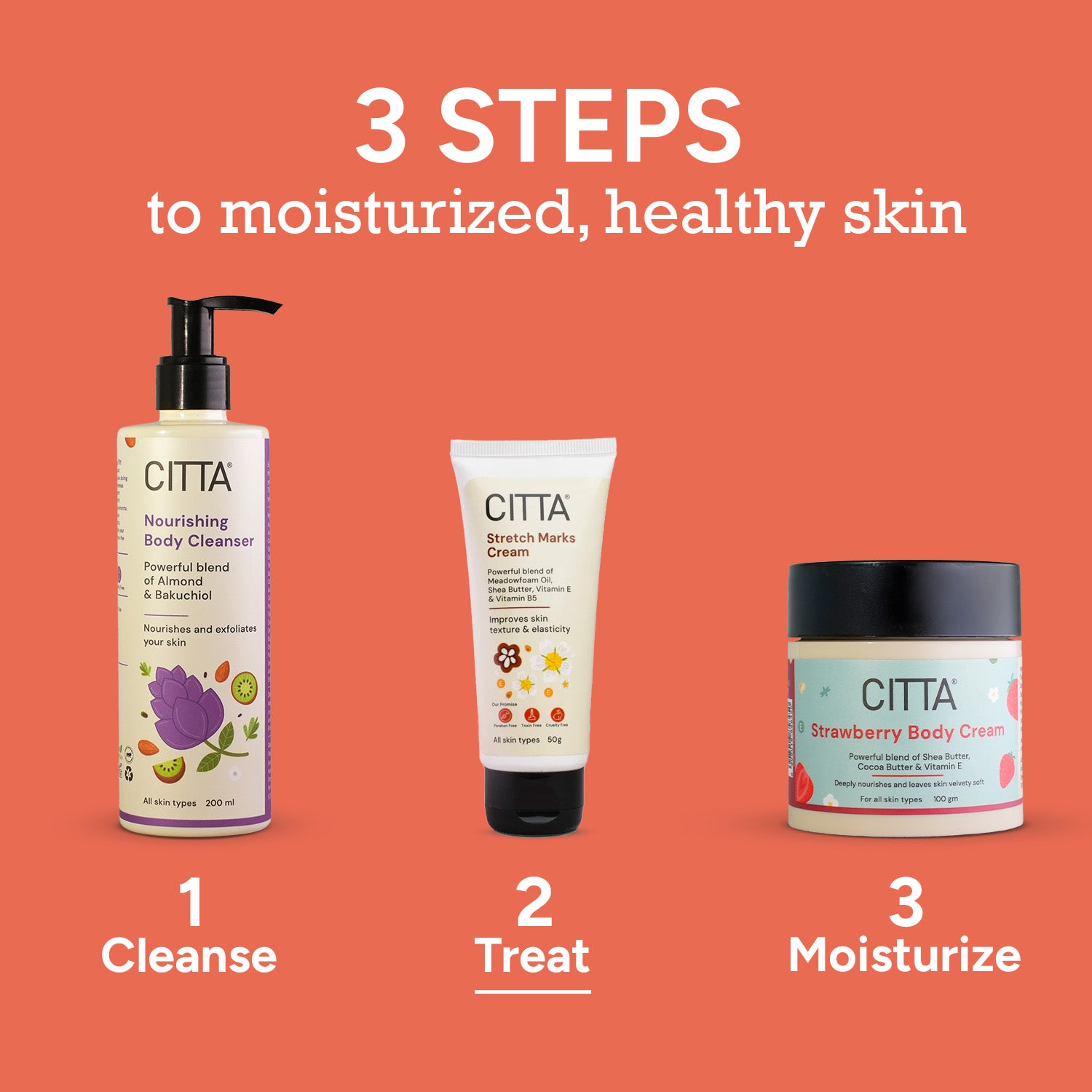 CITTA body care routine with nourishing body cleanser, stretch mark removal cream, and strawberry body cream for moisturized, healthy skin