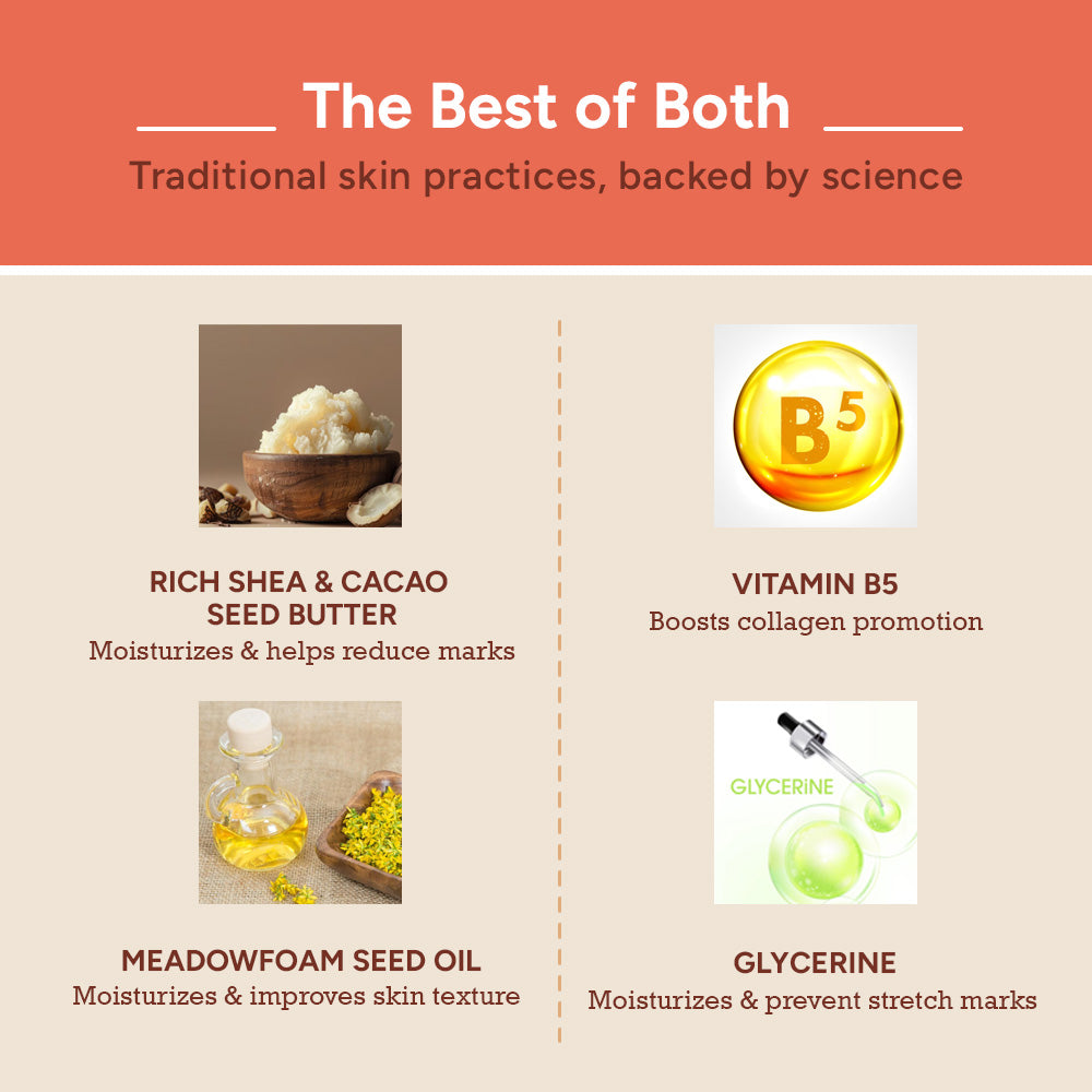 Pregnancy Stretch Marks Removal Cream with Shea Butter, Cocoa Butter, Vitamin B5, Glycerine, and Meadowfoam Seed Oil for hydration and elasticity