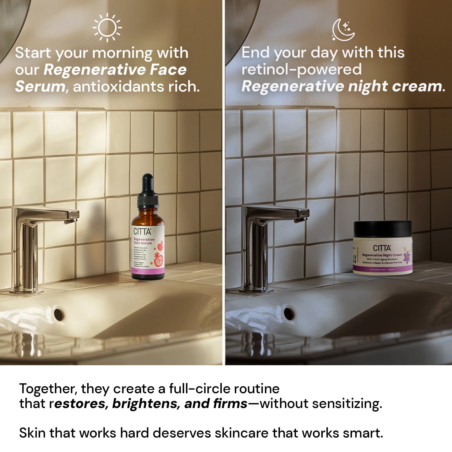Retinol based night cream paired with antioxidant-rich serum for glowing, firm skin