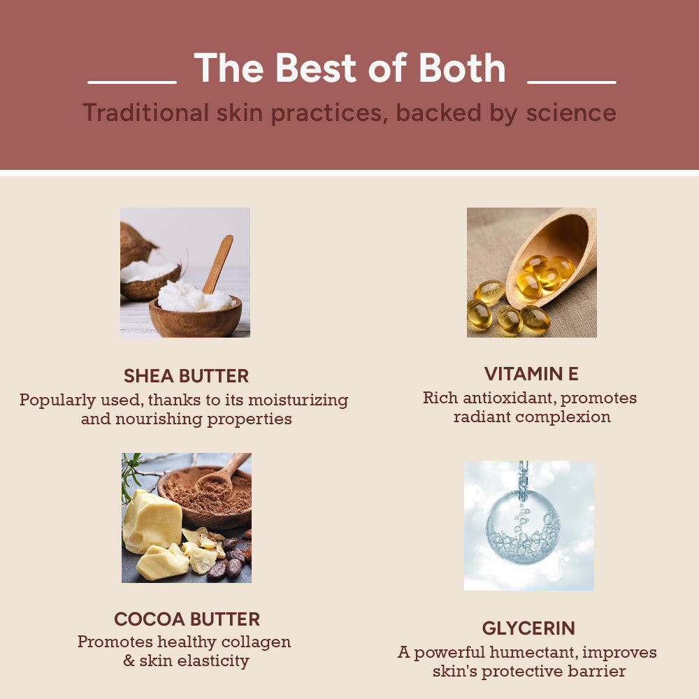 Shea butter body cream with cocoa butter vitamin E and glycerin for radiant skin glow and barrier repair