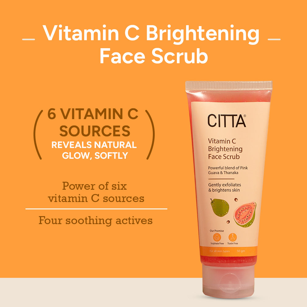 Vitamin C brightening face scrub with 6 vitamin C sources and Thanaka – exfoliates and reveals glow