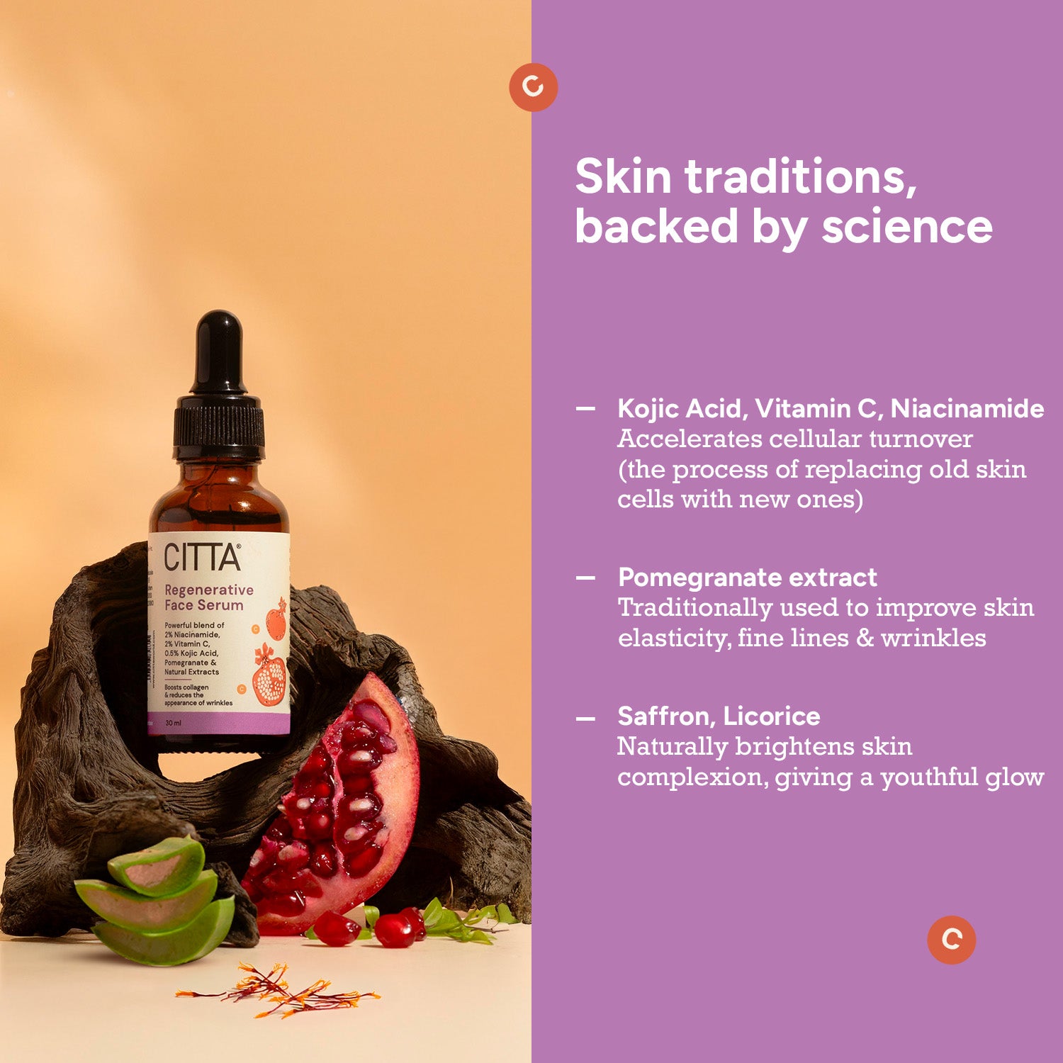 Buy anti-aging face serum with niacinamide, vitamin C, kojic acid, saffron, licorice, and pomegranate extracts