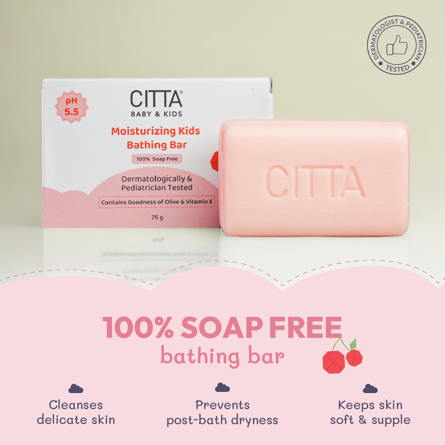  100% soap-free kids bathing bar – gently cleanses, prevents dryness, keeps skin soft and supple