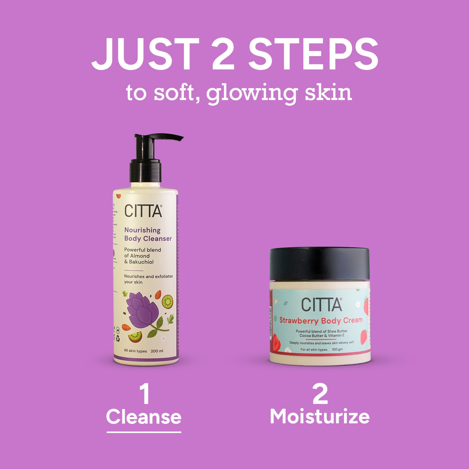  2-step body care – CITTA body wash with Almond & Bakuchiol followed by Strawberry Body Cream for glowing, nourished skin