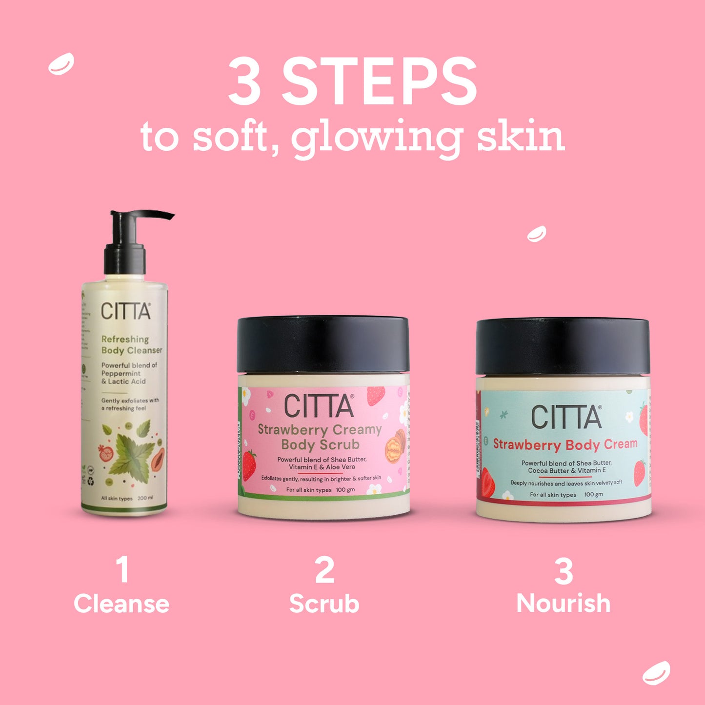 $$** 3-Step Body Care for Glowing Skin – Cleanse, Exfoliate with CITTA Strawberry Scrub, and Nourish with Body Cream