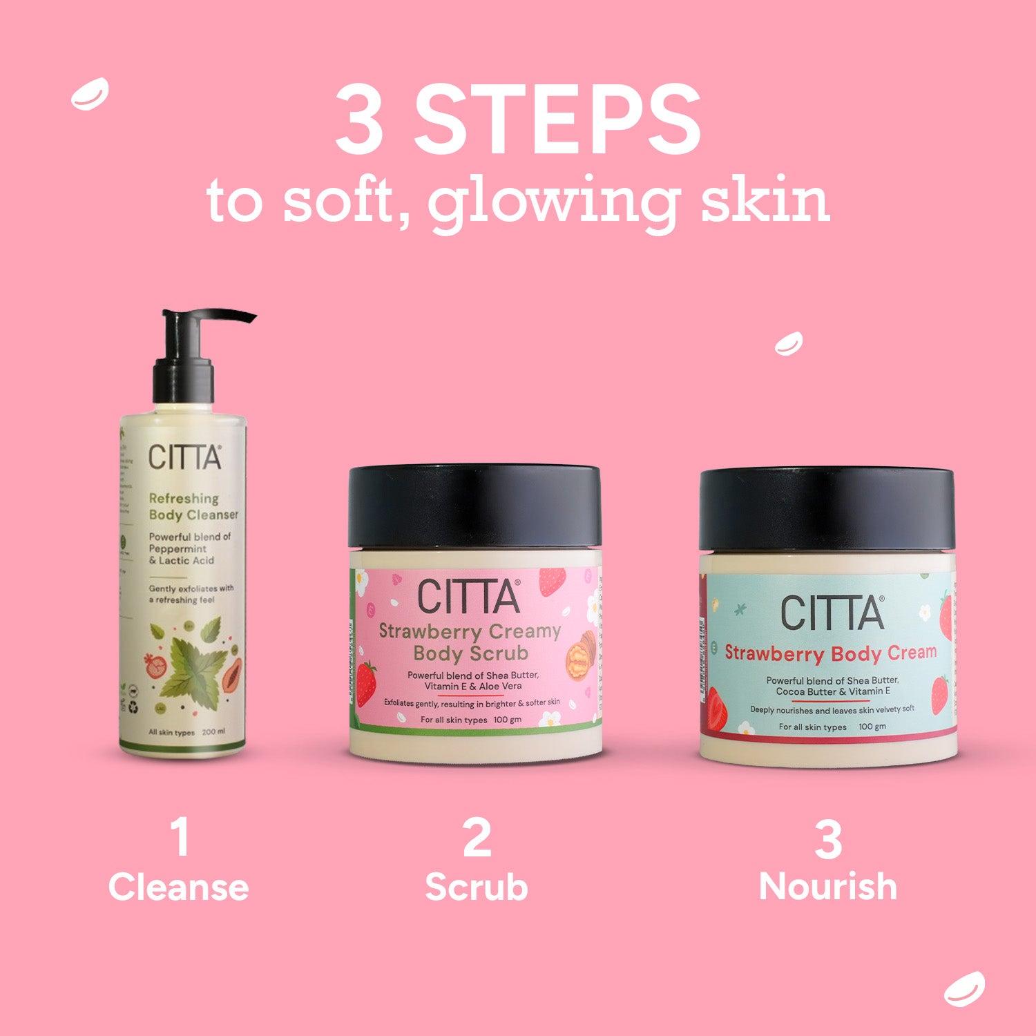  3-Step Body Care for Glowing Skin – Cleanse, Exfoliate with CITTA Strawberry Scrub, and Nourish with Body Cream