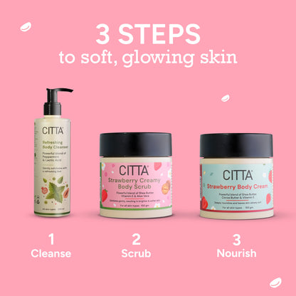  3-Step Body Care for Glowing Skin – Cleanse, Exfoliate with CITTA Strawberry Scrub, and Nourish with Body Cream